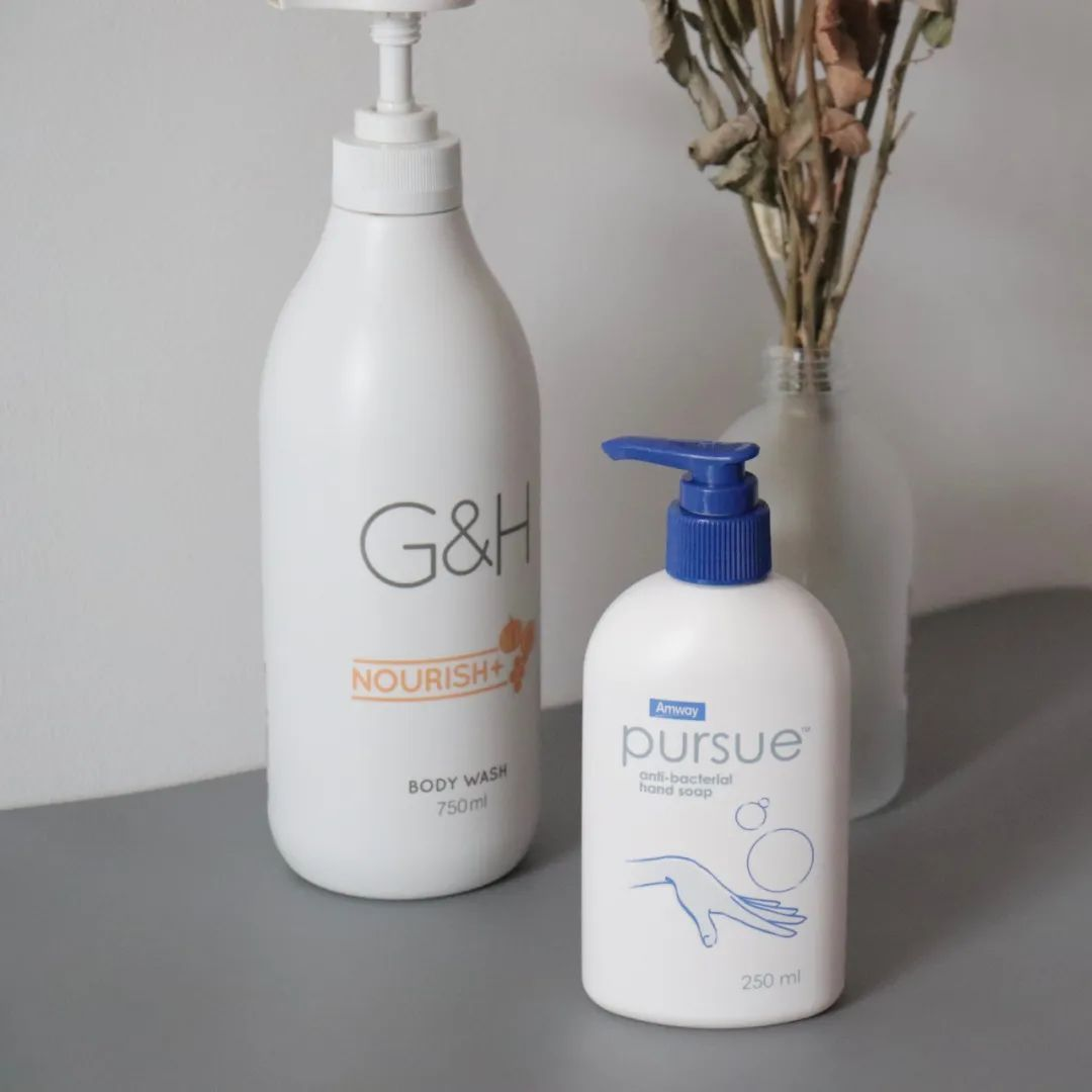 G&H
 NOURISH+
 BODY WASH
 750 ml
 Amway
 pursue
 anti-bacterial hand soap
 250 ml