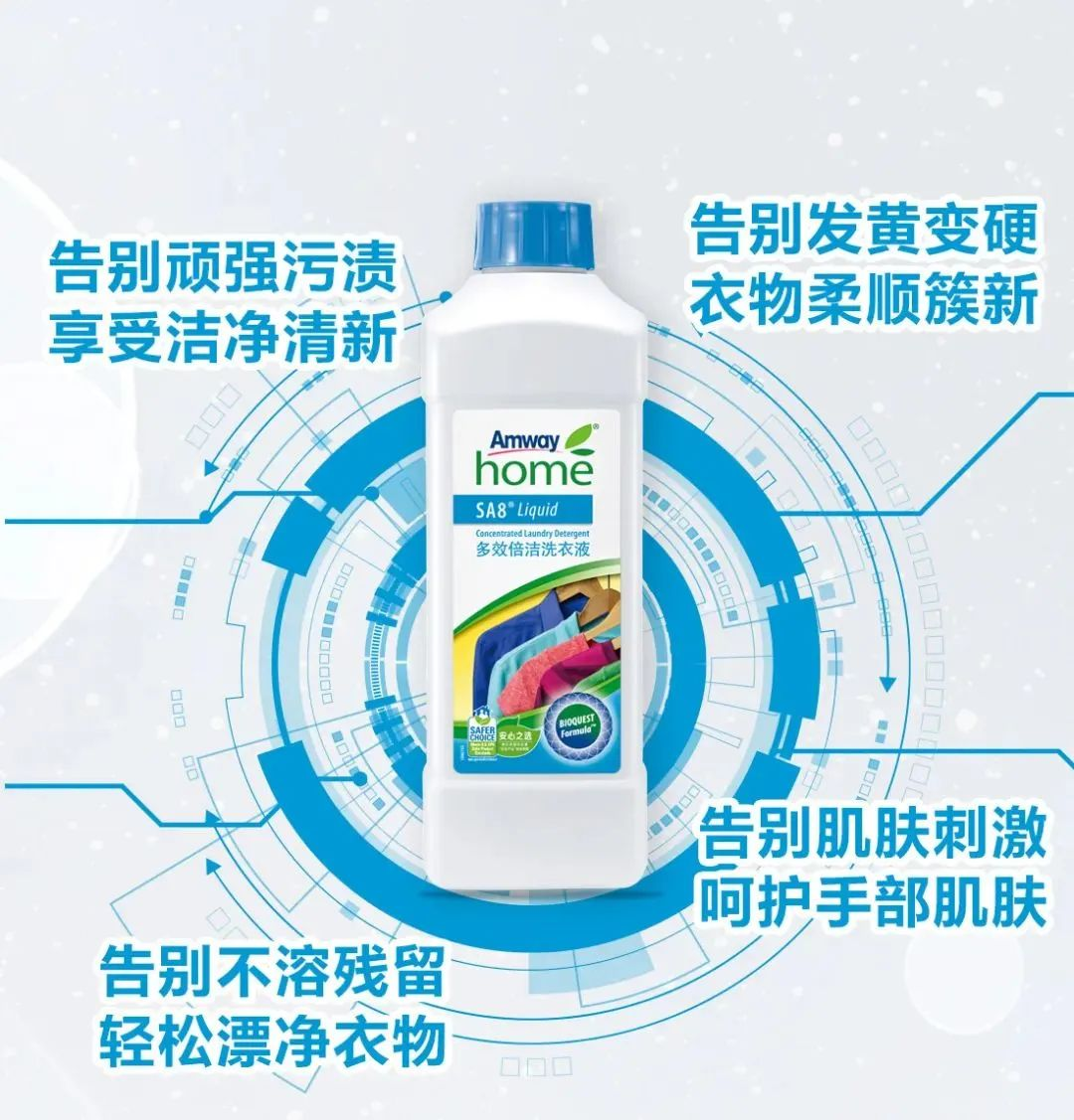 告别顽强污渍
享受洁净清新

Amway
home
SA8 Liquid
Concentrated Laundry Detergent
多效倍洁洗衣液

告别发黄变硬
衣物柔顺簇新

告别肌肤刺激
呵护手部肌肤

告别不溶残留
轻松漂净衣物