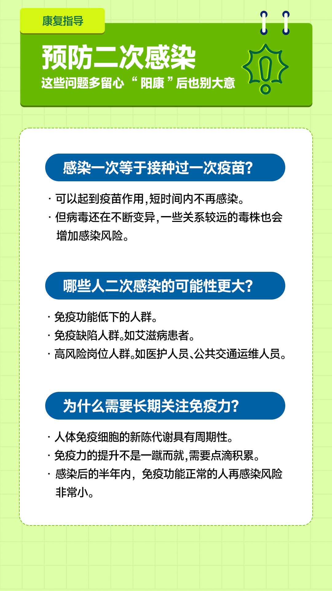 康复指导

预防二次感染
这些问题多留心“阳康”后也别大意

感染一次等于接种过一次疫苗？
- 可以起到疫苗作用，短时间内不再感染。
- 但病毒还在不断变异，一些关系较远的毒株也会增加感染风险。

哪些人二次感染的可能性更大？
- 免疫功能低下的人群。
- 免疫缺陷人群。如艾滋病患者。
- 高风险岗位人群。如医护人员、公共交通运维人员。

为什么需要长期关注免疫力？
- 人体免疫细胞的新陈代谢具有周期性。
- 免疫力的提升不是一蹴而就，需要点滴积累。
- 感染后的半年内，免疫功能正常的人再感染风险非常小。