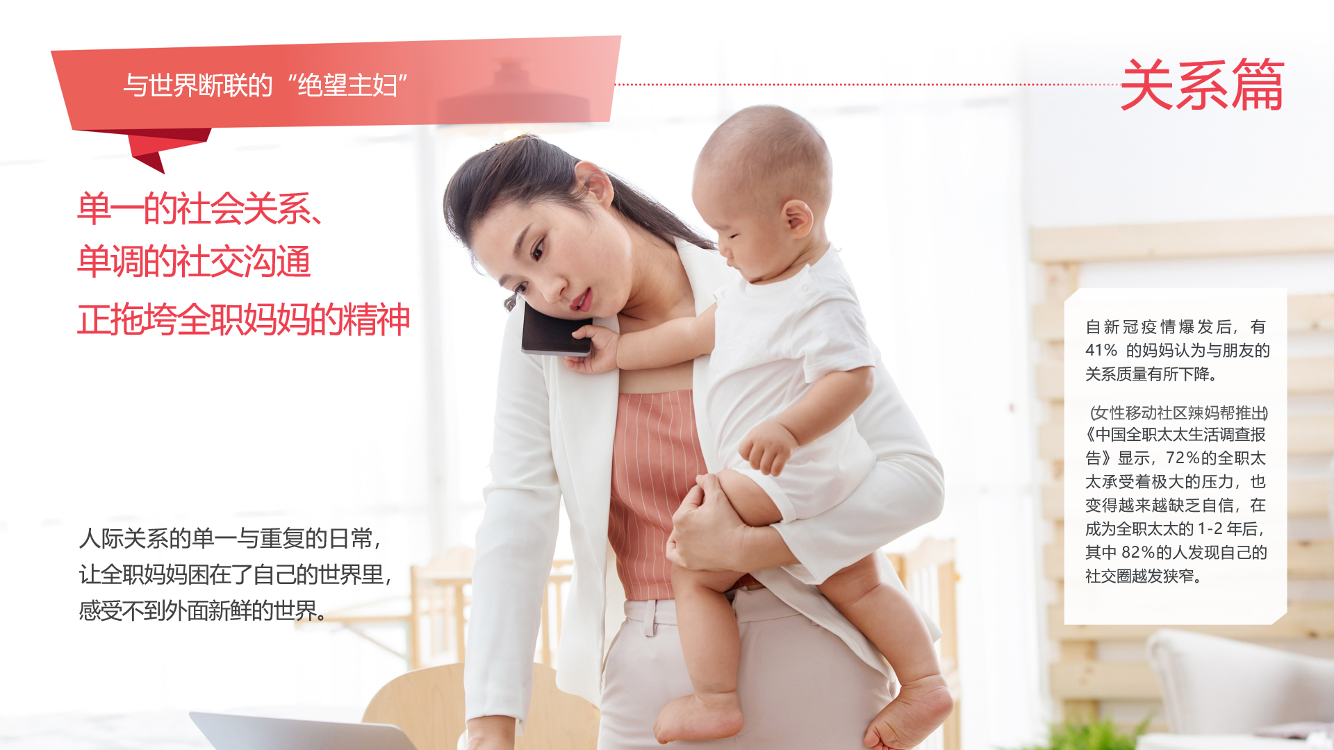 与世界断联的“绝望主妇”
 单一的社会关系、单调的社交沟通
 正拖垮全职妈妈的精神
 人际关系的单一与重复的日常，让全职妈妈困在了自己的世界里，感受不到外面新鲜的世界。
 关系篇
 自新冠疫情爆发后，有41%的妈妈认为与朋友的关系质量有所下降。
 女性移动社区辣妈帮推出《中国全职太太生活调查报告》显示，72%的全职太太承受着极大的压力，也变得越来越缺乏自信，在成为全职太太的1-2年后，其中82%的人发现自己的社交圈越发狭窄。