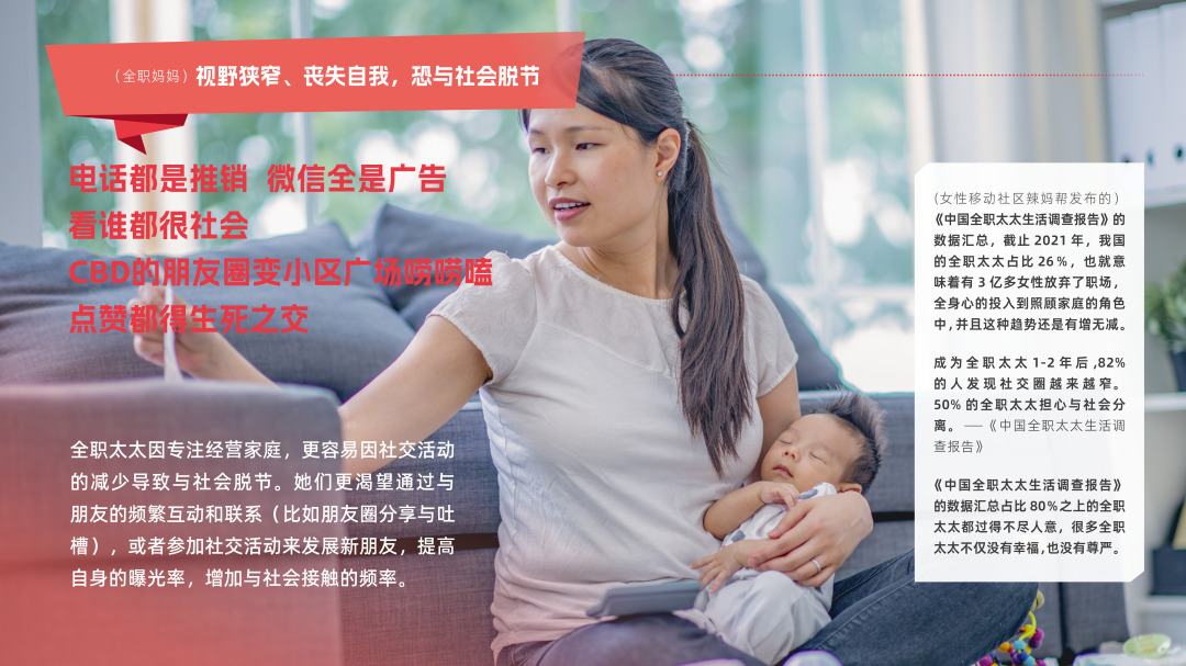 （全职妈妈）视野狭窄、丧失自我，恐与社会脱节
 电话都是推销 微信全是广告
看谁都很社会
CDD的朋友圈变小区广场唠唠嗑
 点赞都得生死之交
 全职太太因专注经营家庭，更容易因社交活动的减少导致与社会脱节。她们更渴望通过与朋友的频繁互动和联系（比如朋友圈分享与吐槽），或者参加社交活动来发展新朋友，提高自身的曝光率，增加与社会接触的频率。
 （女性移动社区辣妈帮发布的）
《中国全职太太生活调查报告》的数据汇总，截至2021年，我国的全职太太占比26%，也就意味着有3亿多女性放弃了职场，全身心的投入到照顾家庭的角色中，并且这种趋势还是有增无减。
 成为全职太太1-2年后，82%的人发现社交圈越来越窄。50%的全职太太担心与社会分离。——《中国全职太太生活调查报告》
 《中国全职太太生活调查报告》的数据汇总占比80%之上的全职太太都过得不尽人意，很多全职太太不仅没有幸福，也没有尊严。