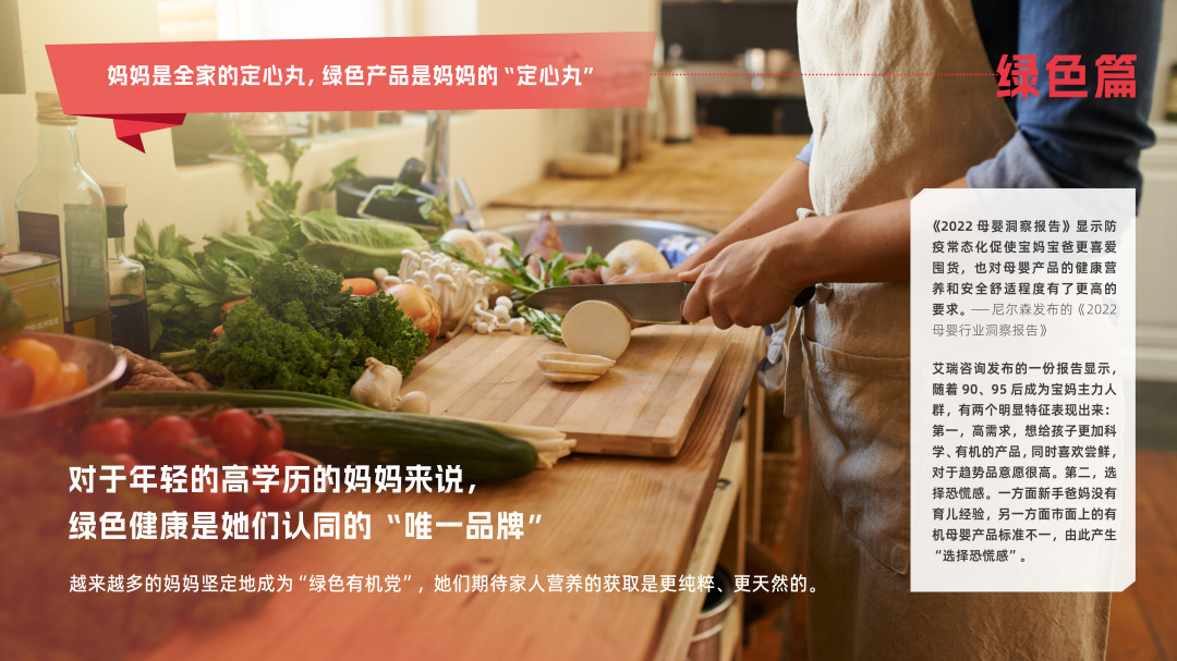 妈妈是全家的定心丸，绿色产品是妈妈的“定心丸”
 绿色篇
 《2022 母婴洞察报告》显示防疫常态化促使宝妈宝爸更喜爱囤货，也对母婴产品的健康营养和安全舒适程度有了更高的要求。——尼尔森发布的《2022 母婴行业洞察报告》
 艾瑞咨询发布的一份报告显示，随着90、95后成为宝妈主力人群，有两个明显特征表现出来：第一，高需求，想给孩子更加科学、有机的产品，同时喜欢尝鲜，对于趋势品意愿很高。第二，选择恐慌感。一方面新手爸妈没有育儿经验，另一方面市面上的有机母婴产品标准不一，由此产生“选择恐慌感”。
 对于年轻的高学历的妈妈来说，绿色健康是她们认同的“唯一品牌”
 越来越多的妈妈坚定地成为“绿色有机党”，她们期待家人营养的获取是更纯粹、更天然的。