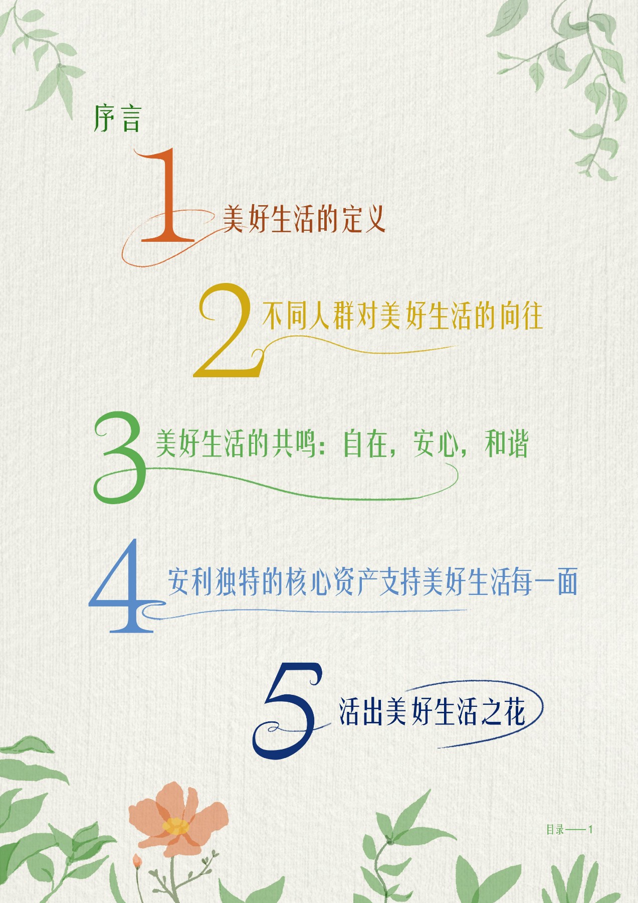 序言
 1 美好生活的定义
 2 不同人群对美好生活的向往
 3 美好生活的共鸣：自在，安心，和谐
 4 安利独特的核心资产支持美好生活每一面
 5 活出美好生活之花