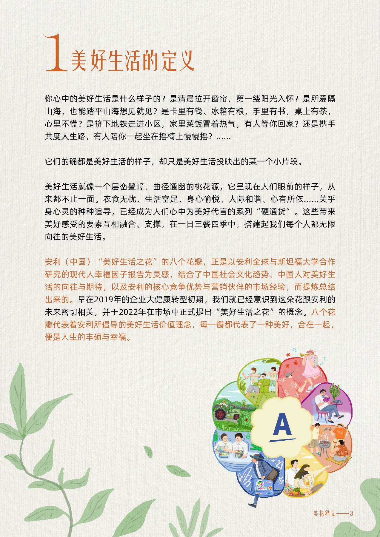 美好生活的定义
 你心中的美好生活是什么样子的？是清晨拉开窗帘，第一缕阳光入怀？是所爱隔山海，也能踏平山海想见就见？是卡里有钱、冰箱有粮，手里有书，桌上有茶，心里不慌？是挤下地铁走进小区，家里菜饭冒着热气，有人等你回家？还是携手共度人生路，有人陪你一起坐在摇椅上慢慢摇？……
 它们的确都是美好生活的样子，却只是美好生活投映出的某一个小片段。
 美好生活就像一个层峦叠嶂、曲径通幽的桃花源，它呈现在人们眼前的样子，从来都不止一面。衣食无忧、生活富足、身心愉悦、人际和谐、心有所依……关乎身心灵的种种追寻，已经成为人们心中为美好代言的系列“硬通货”。这些带来美好感受的要素互相融合、支撑，在一日三餐四季中，搭建起我们每个人都无限向往的美好生话。
 安利（中国）“美好生活之花”的八个花瓣，正是以安利全球与斯坦福大学合作研究的现代人幸福因子报告为灵感，结合了中国社会文化趋势、中国人对美好生活的向往与期待，以及安利的核心竞争优势与营销伙伴的市场经验，而提炼总结出来的。早在2019年的企业大健康转型初期，我们就已经意识到这朵花跟安利的未来密切相关，并于2022年在市场中正式提出“美好生活之花”的概念。八个花瓣代表着安利所倡导的美好生活价值理念，每一瓣都代表了一种美好，合在一起，便是人生的丰硕与幸福。