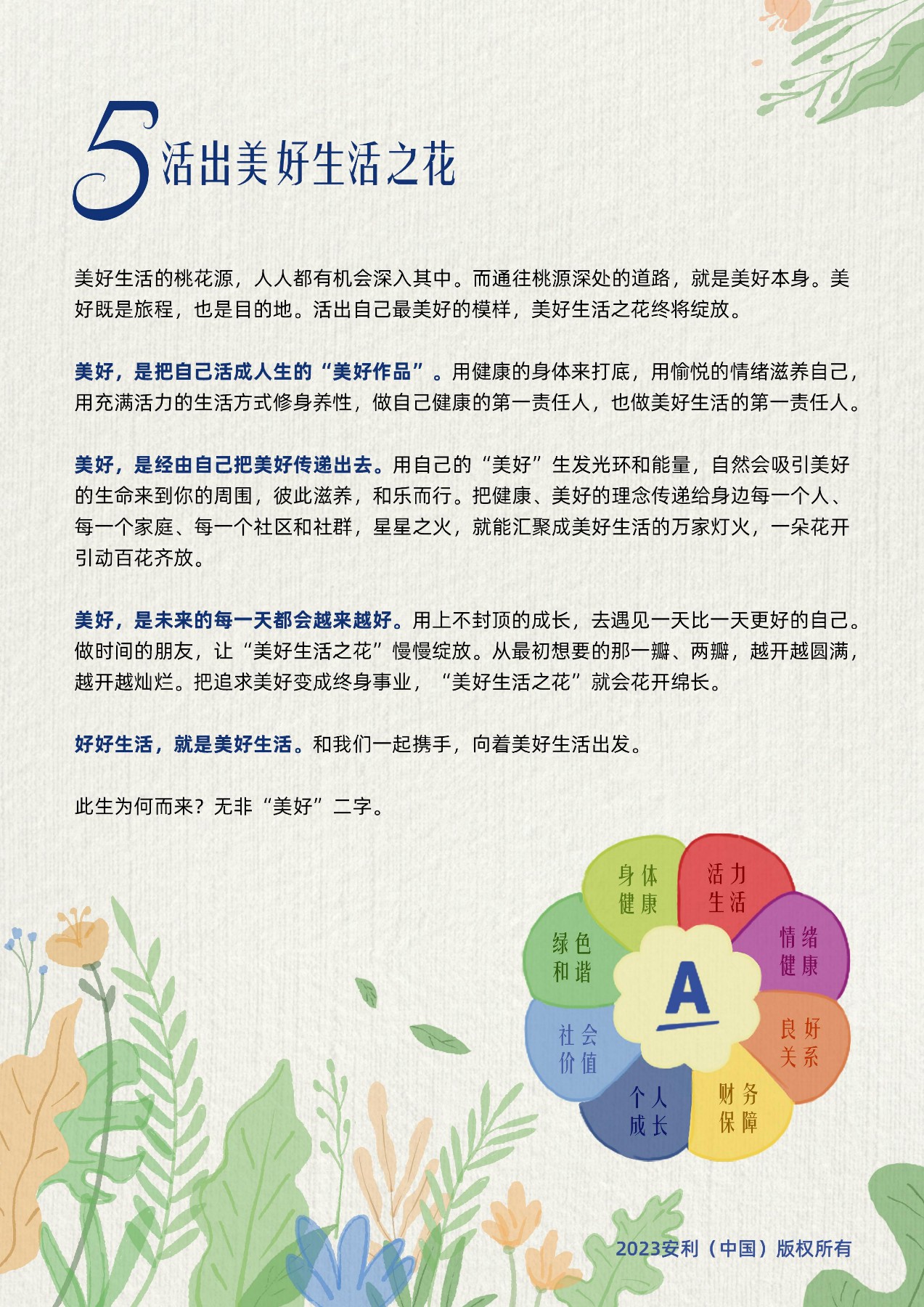 5 活出美好生活之花
 美好生活的桃花源，人人都有机会深入其中。而通往桃源深处的道路，就是美好本身。美好既是旅程，也是目的地。活出自己最美好的模样，美好生活之花终将绽放。
 美好，是把自己活成人生的“美好作品”。用健康的身体来打底，用愉悦的情绪滋养自己，用充满活力的生活方式修身养性，做自己健康的第一责任人，也做美好生活的第一责任人。
 美好，是经由自己把美好传递出去。用自己的“美好”生发光环和能量，自然会吸引美好的生命来到你的周围，彼此滋养，和乐而行。把健康、美好的理念传递给身边每一个人、每一个家庭、每一个社区和社群，星星之火，就能汇聚成美好生活的万家灯火，一朵花开引动百花齐放。
 美好，是未来的每一天都会越来越好。用上不封顶的成长，去遇见一天比一天更好的自己。做时间的朋友，让“美好生活之花”慢慢绽放。从最初想要的那一瓣、两瓣，越开越圆满，越开越灿烂。把追求美好变成终身事业，“美好生活之花”就会花开绵长。
 好好生活，就是美好生活。和我们一起携手，向着美好生活出发。
 此生为何而来？无非“美好”二字。
 A
 身体健康
 活力生活
 情绪健康
 良好关系
 社会价值
 个人成长
 财务保障
绿色和谐
 2023安利（中国）版权所有