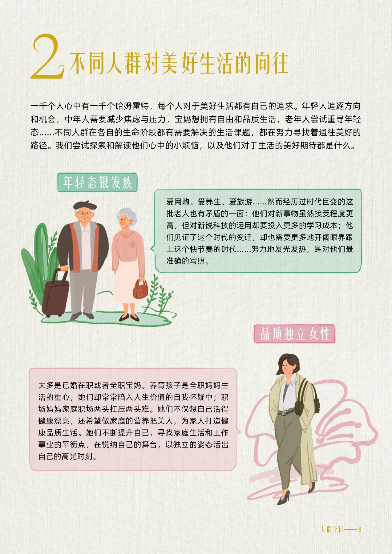 不同人群对美好生活的向往
一千个人心中有一千个哈姆雷特，每个人对于美好生活都有自己的追求。年轻人追逐方向和机会，中年人需要减少焦虑与压力，宝妈想拥有自由和品质生活，老年人尝试重寻年轻态...不同人群在各自的生命阶段都有需要解决的生活课题，都在努力寻找着通往美好的路径。我们尝试探索和解读他们心中的小烦恼，以及他们对于生活的美好期待都是什么。
 年轻态银发族
爱网购、爱养生、爱旅游..…….然而经历过时代巨变的这批老人也有矛盾的一面:他们对新事物虽然接受程度更高，但对新锐科技的运用却要投入更多的学习成本;他们见证了这个时代的变迁，却也需要更多地开阔眼界跟上这个快节奏的时代......努力地发光发热，是对他们最准确的写照。
 品质独立女性
大多是已婚在职或者全职宝妈。养育孩子是全职妈妈生活的重心，她们却常常陷入人生价值的自我怀疑中:职场妈妈家庭职场两头扛压两头难。她们不仅想自己活得健康漂亮，还希望做家庭的营养把关人，为家人打造健康品质生活。她们不断提升自己，寻找家庭生活和工作事业的平衡点，在悦纳自己的舞台，以独立的姿态活出自己的高光时刻。