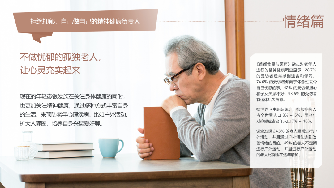 拒绝抑郁，自己做自己的精神健康负责人
 不做忧郁的孤独老人，让心灵充实起来
 现在的年轻态银发族在关注身体健康的同时，也更加关注精神健康，通过多种方式丰富自身的生活，来预防老年心理疾病。比如户外活动、扩大人际圈，培养自身兴趣爱好等。
 《首都食品与医药》杂志对老年人进行的精神健康调查显示：28.7% 的受访者经常感到沮丧和郁闷，74.6% 的受访者倾向于怀念过去令自己伤感的事，42% 的受访者担心和子女关系不好，93.6% 的受访者有退休后失落感。
 据世界卫生组织统计，抑郁症病人占全世界人口 3% ~ 5%，而老年前期抑郁症占老年人口 7% ~ 10%。
 调查发现 24.3% 的老人经常进行户外活动，并且通过户外活动达到改善情绪的目的，49% 的老人不定期进行户外运动，并且进行户外运动的老人比例也在逐年增加。