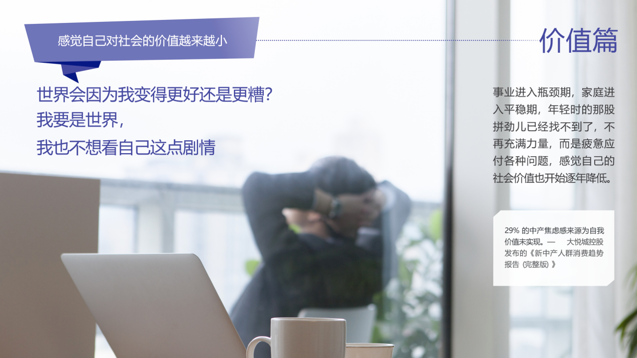感觉自己对社会的价值越来越小
 世界会因为我变得更好还是更糟？
 我要是世界，
 我也不想看自己这点剧情
 价值篇
 事业进入瓶颈期，家庭进入平稳期，年轻时的那股拼劲儿已经找不到了，不再充满力量，而是疲惫应付各种问题，感觉自己的社会价值也开始逐年降低。
 29% 的中产焦虑感来源为自我价值未实现。——大悦城控股发布的《新中产人群消费趋势报告（完整版）》