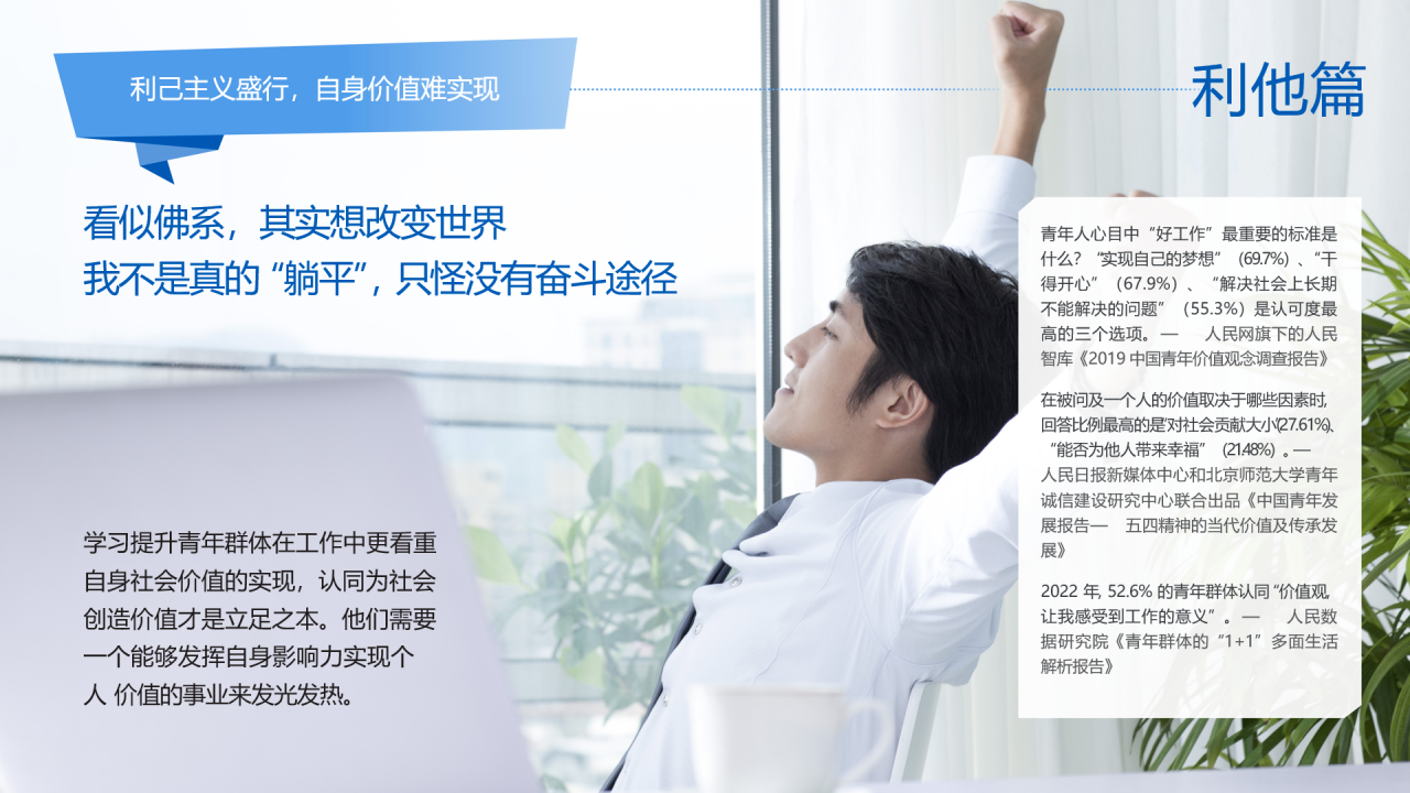 利他篇
 利己主义盛行，自身价值难实现
 看似佛系，其实想改变世界
 我不是真的“躺平”，只怪没有奋斗途径
 学习提升青年群体在工作中更看重自身社会价值的实现，认同为社会创造价值才是立足之本。他们需要一个能够发挥自身影响力实现个人价值的事业来发光发热。
 青年人心目中“好工作”最重要的标准是什么？“实现自己的梦想”（69.7%）、“干得开心”（67.9%）、“解决社会上长期不能解决的问题”（55.3%）是认可度最高的三个选项。——人民网旗下的人民智库《2019 中国青年价值观调查报告》
 在被问及一个人的价值取决于哪些因素时，回答比例最高的是对社会贡献大小（27.61%）、“能否为他人带来幸福”（21.48%）。——人民日报新媒体中心和北京师范大学青年诚信建设研究中心联合出品《中国青年发展报告——五四精神的当代价值及传承发展》
 2022 年，52.6% 的青年群体认同“价值观让我感受到工作的意义”。——人民数据研究院《青年群体的“1+1”多面生活解析报告》
