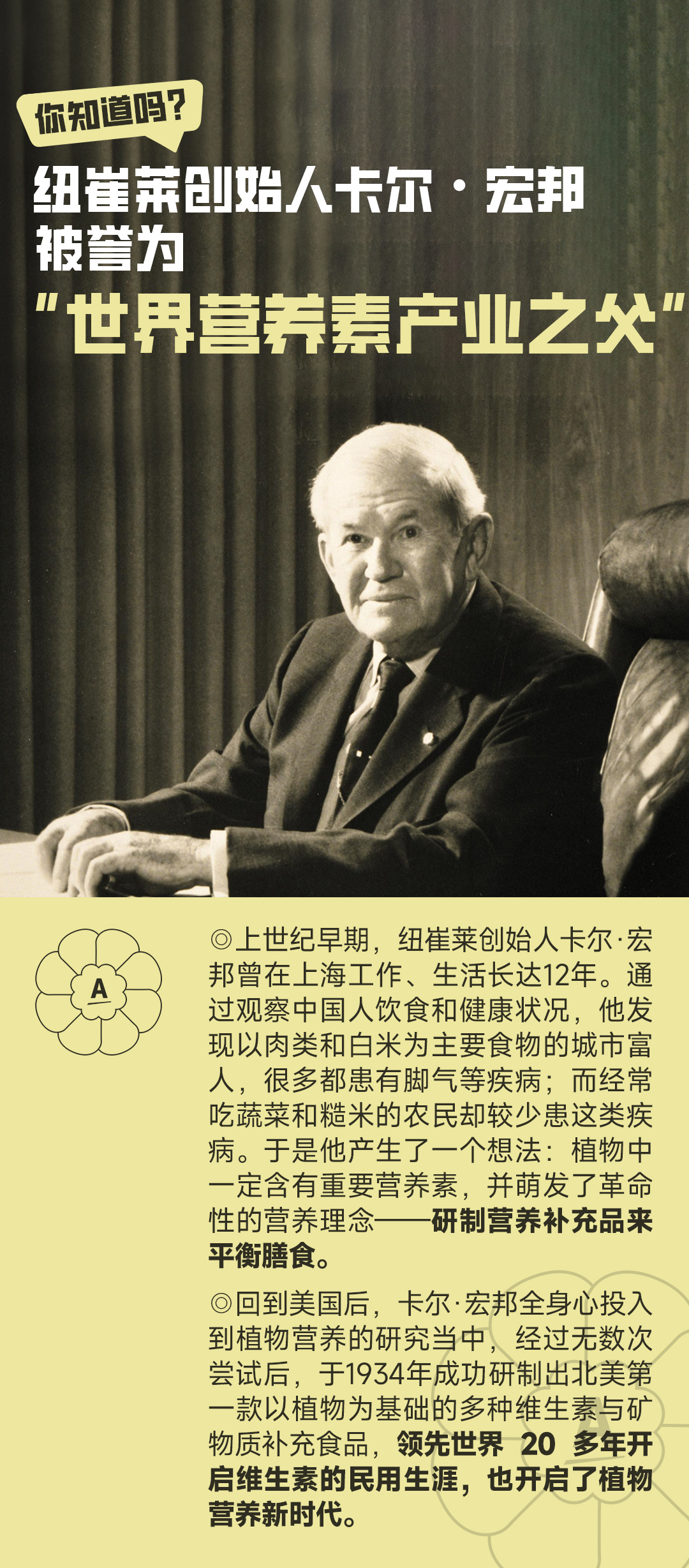 你知道吗？
 纽崔莱创始人卡尔·宏邦被誉为“世界营养素产业之父”
 上世纪早期，纽崔莱创始人卡尔·宏邦曾在上海工作、生活长达12年。通过观察中国人饮食和健康状况，他发现以肉类和白米为主要食物的城市富人，很多都患有脚气等疾病；而经常吃蔬菜和糙米的农民却较少患这类疾病。于是他产生了一个想法：植物中一定含有重要营养素，并萌发了革命性的营养理念——研制营养补充品来平衡膳食。
 回到美国后，卡尔·宏邦全身心投入到植物营养的研究当中，经过无数次尝试后，于1934年成功研制出北美第一款以植物为基础的多种维生素与矿物质补充食品，领先世界20多年开启维生素的民用生涯，也开启了植物营养新时代。