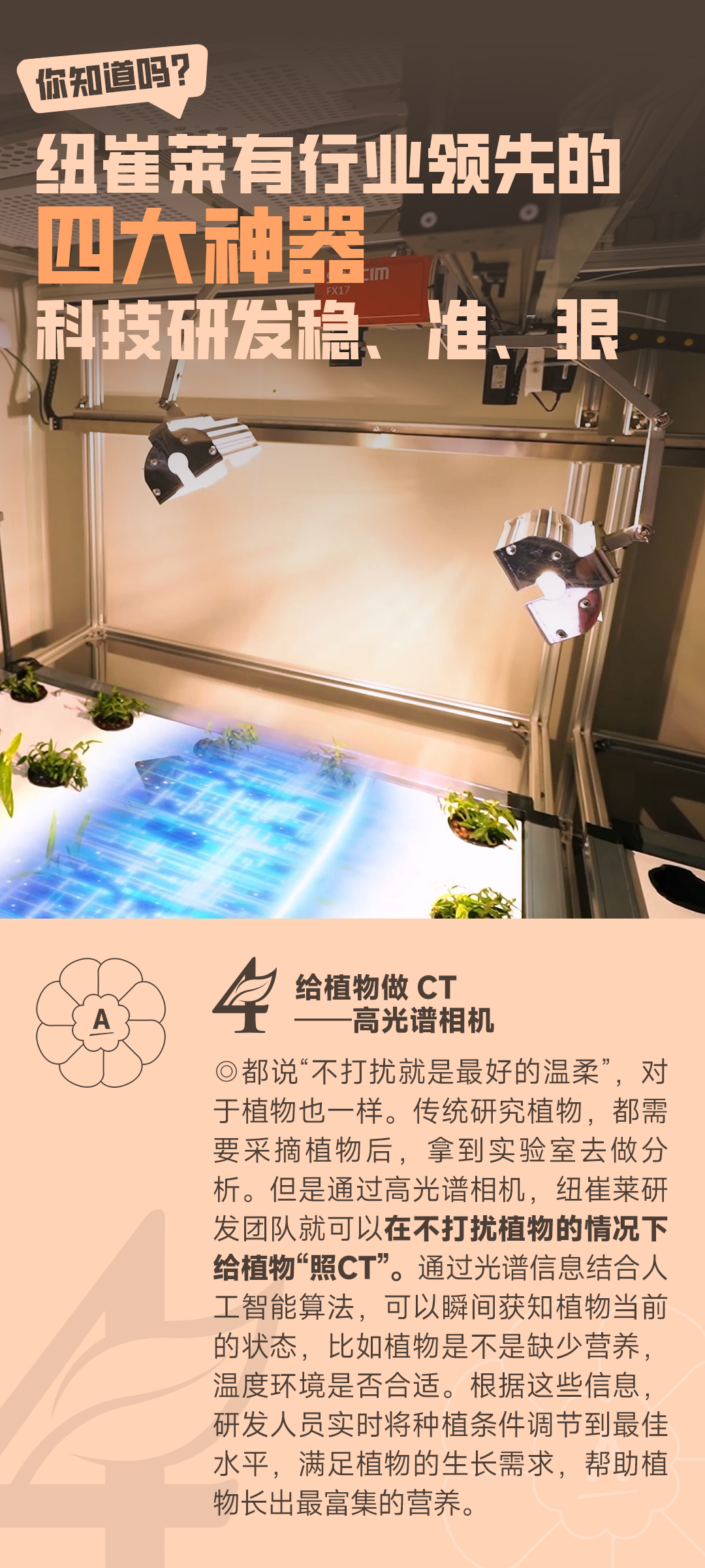 你知道吗？
 纽崔莱有行业领先的四大神器
 科技研发稳、准、狠
 给植物做CT——高光谱相机
 都说“不打扰就是最好的温柔”，对于植物也一样。传统研究植物，都需要采摘植物后，拿到实验室去做分析。但是通过高光谱相机，纽崔莱研发团队就可以在不打扰植物的情况下给植物“照CT”。通过光谱信息结合人工智能算法，可以瞬间获知植物当前的状态，比如植物是不是缺少营养，温度环境是否合适。根据这些信息，研发人员实时将种植条件调节到最佳水平，满足植物的生长需求，帮助植物长出最富集的营养。