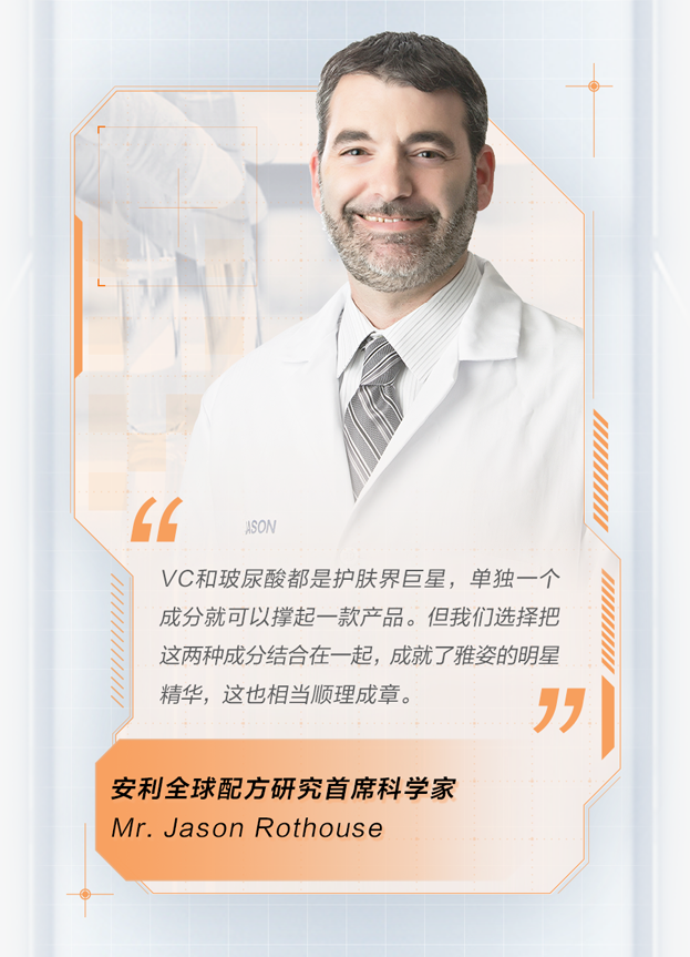 安利全球配方研究首席科学家
Mr. Jason Rothouse

VC和玻尿酸都是护肤界巨星，单独一个成分就可以撑起一款产品。但我们选择把这两种成分结合在一起，成就了雅姿的明星精华，这也相当顺理成章。