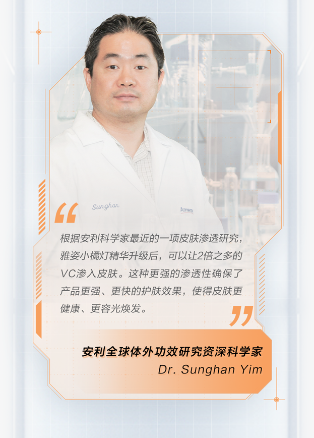 根据安利科学家最近的一项皮肤渗透研究，雅姿小橘灯精华升级后，可以让2倍之多的VC渗入皮肤。这种更强的渗透性确保了产品更强、更快的护肤效果，使得皮肤更健康、更容光焕发。

安利全球体外功效研究资深科学家
Dr. Sunghan Yim