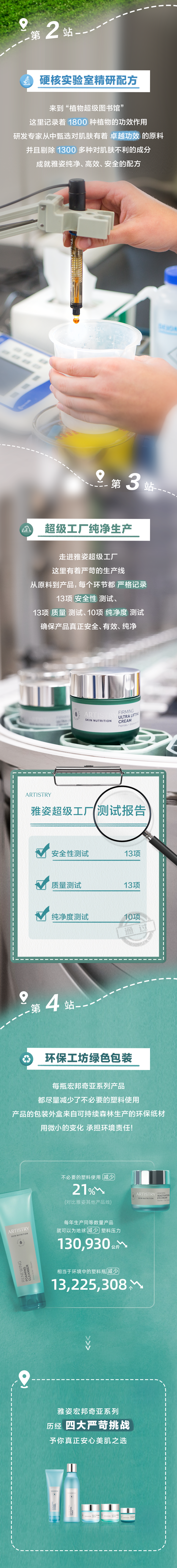 第2站
硬核实验室精研配方

来到“植物超级图书馆”
这里记录着1800种植物的功效作用
研发专家从中甄选对肌肤有着卓越功效的原料
并且剔除1300多种对肌肤不利的成分
成就雅姿纯净、高效、安全的配方

第3站
超级工厂纯净生产

走进雅姿超级工厂
这里有着严苛的生产线
从原料到产品，每个环节都严格记录
13项安全性测试、
13项质量测试、10项纯净度测试
确保产品真正安全、有效、纯净

雅姿超级工厂测试报告
- 安全性测试 13项
- 质量测试 13项
- 纯净度测试 10项

第4站
环保工坊绿色包装

每瓶宏邦奇亚系列产品
都尽量减少了不必要的塑料使用
产品的包装外盒来自可持续森林生产的环保纸材
用微小的变化承担环境责任！

不必要的塑料使用（减少）
21%
每年生产同等数量产品
就可以为地球减少塑料压力
130,930公斤
相当于环境中的塑料瓶减少
13,225,308个

雅姿宏邦奇亚系列
历经四大严苛挑战
予你真正安心美肌之选