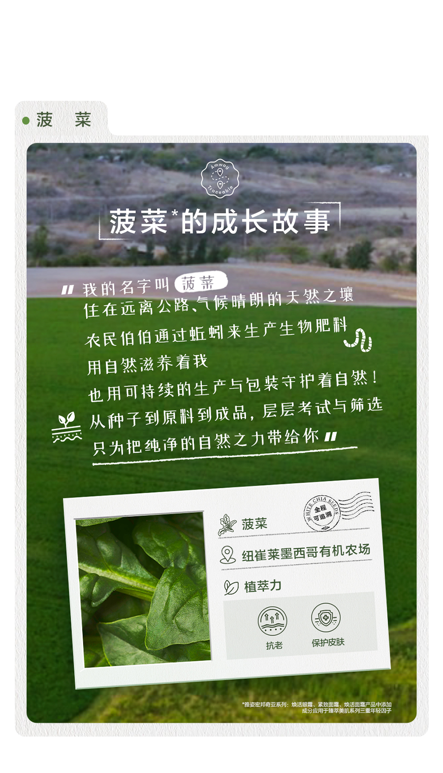 菠菜

石榴

樱桃

菠菜

我的名字叫菠菜
住在远离公路、气候晴朗的天然之壤
农民伯伯通过蚯蚓来生产生物肥料
用自然滋养着我
也用可持续的生产与包装守护着自然！
从种子到原料到成品，层层考试与筛选
只为把纯净的自然之力带给你