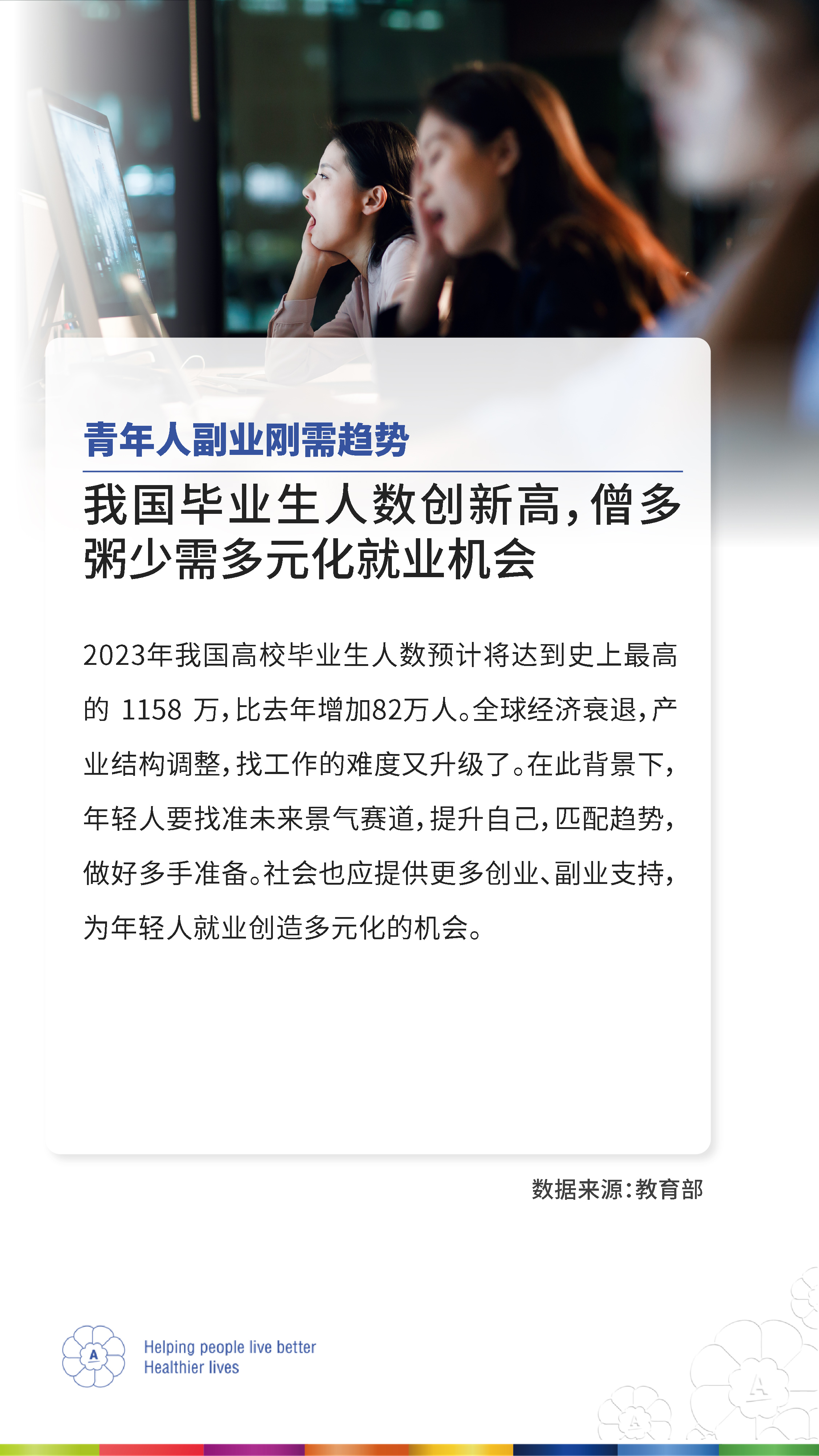 青年人副业刚需趋势
 我国毕业生人数创新高，僧多粥少需多元化就业机会
 2023年我国高校毕业生人数预计将达到史上最高的 1158 万，比去年增加82万人。全球经济衰退，产业结构调整，找工作的难度又升级了。在此背景下，年轻人要找准未来景气赛道，提升自己，匹配趋势，做好多手准备。社会也应提供更多创业、副业支持，为年轻人就业创造多元化的机会。
 数据来源：教育部