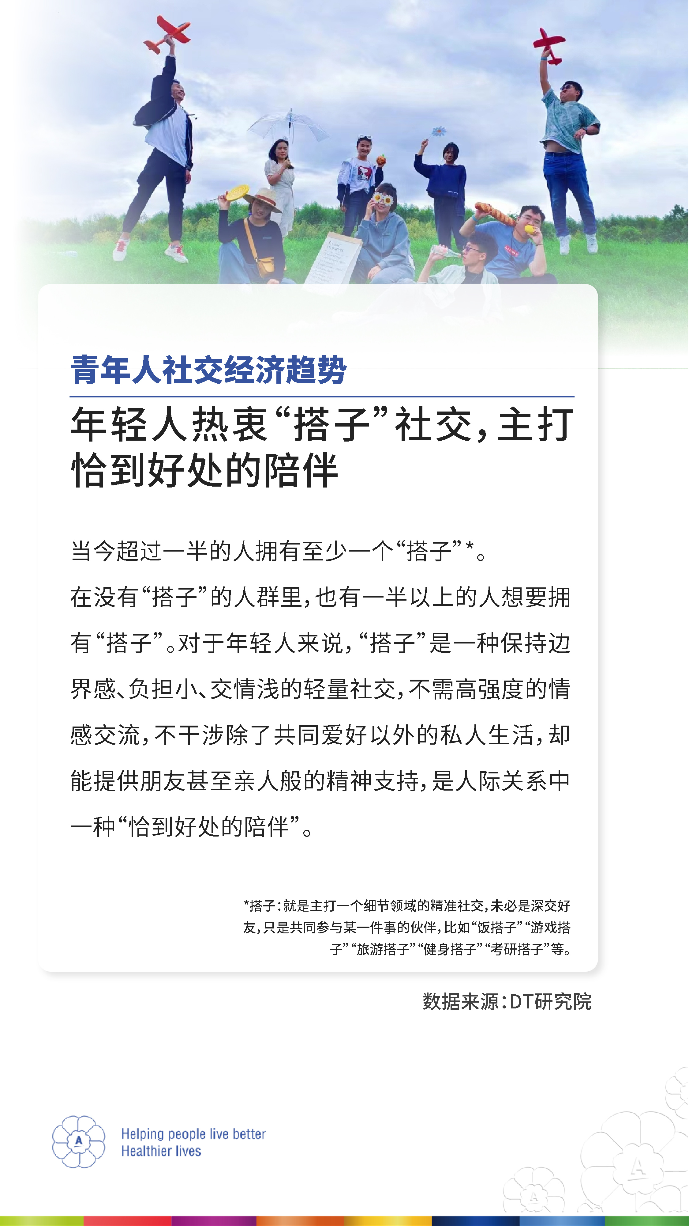 青年人社交经济趋势
 年轻人热衷“搭子”社交，主打恰到好处的陪伴
 当今超过一半的人拥有至少一个“搭子”*。
 在没有“搭子”的人群里，也有一半以上的人想要拥有“搭子”。对于年轻人来说，“搭子”是一种保持边界感、负担小、交情浅的轻量社交，不需高强度的情感交流，不干涉除了共同爱好以外的私人生活，却能提供朋友甚至亲人般的精神支持，是人际关系中一种“恰到好处的陪伴”。
 *搭子：就是主打一个细节领域的精准社交，未必是深交好友，只是共同参与某一件事的伙伴，比如“饭搭子”“游戏搭子”“旅游搭子”“健身搭子”“考研搭子”等。
 数据来源：DT研究院
 Helping people live better Healthier lives