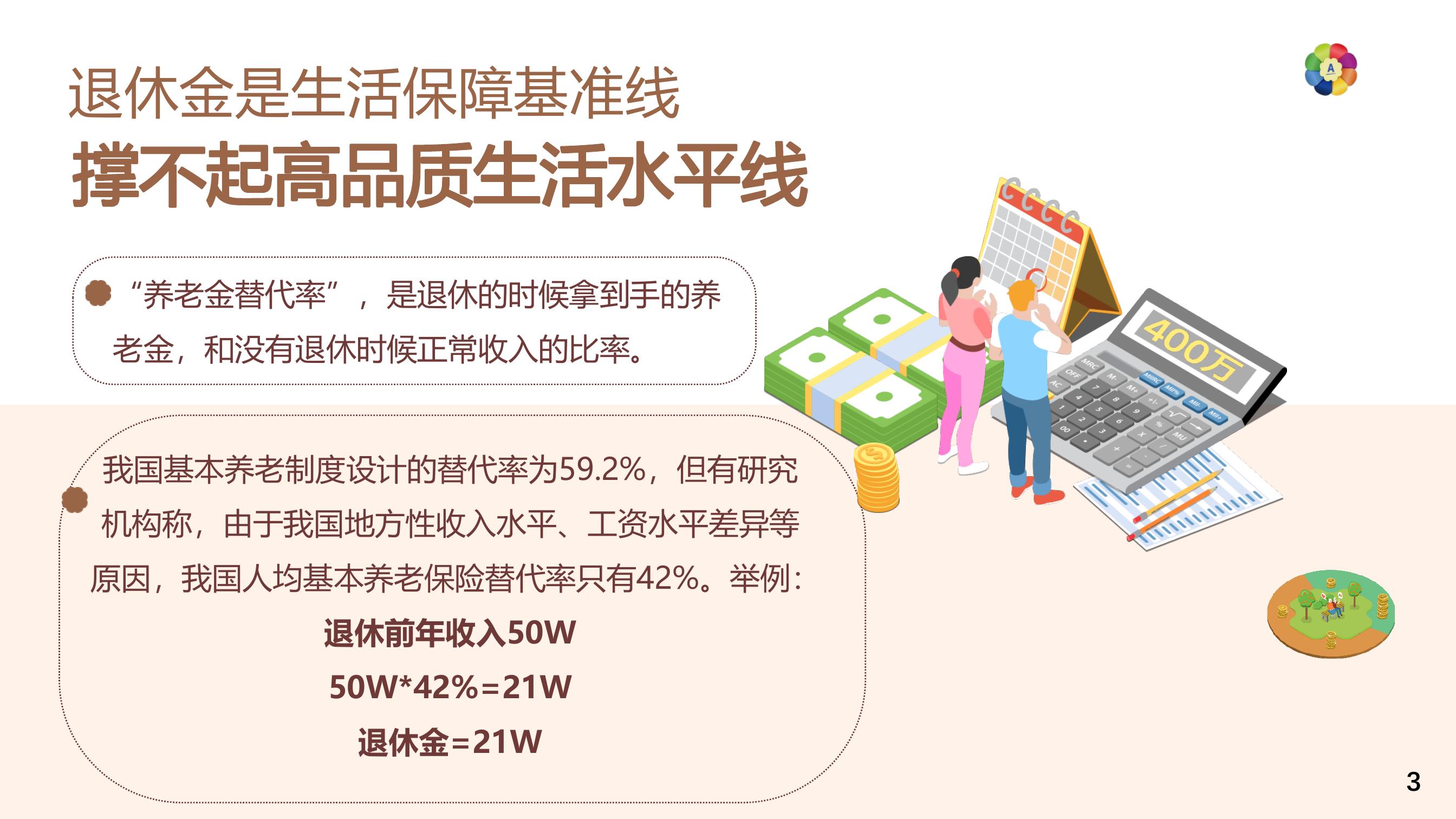 退休金是生活保障基准线
 撑不起高品质生活水平线
 “养老金替代率”，是退休的时候拿到手的养老金，和没有退休时候正常收入的比率。
 我国基本养老制度设计的替代率为59.2%，但有研究机构称，由于我国地方性收入水平、工资水平差异等原因，我国人均基本养老保险替代率只有42%。举例：退休前年收入50W 50W*42%=21W 退休金=21W