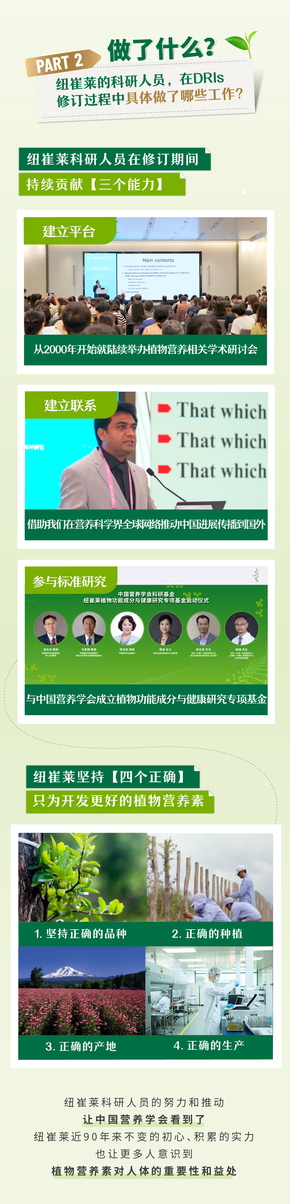 做了什么？

纽崔莱的科研人员，在DRIs修订过程中具体做了哪些工作？

纽崔莱科研人员在修订期间持续贡献【三个能力】

建立平台

从2000年开始就陆续举办植物营养相关学术研讨会

建立联系

借助我们在营养科学界全球网络推动中国进展传播到国外

参与标准研究

与中国营养学会成立植物功能成分与健康研究专项基金

纽崔莱坚持【四个正确】只为开发更好的植物营养素

1. 坚持正确的品种
2. 正确的种植
3. 正确的产地
4. 正确的生产

纽崔莱科研人员的努力和推动让中国营养学会看到了纽崔莱近90年来不变的初心、积累的实力也让更多人意识到植物营养素对人体的重要性和益处