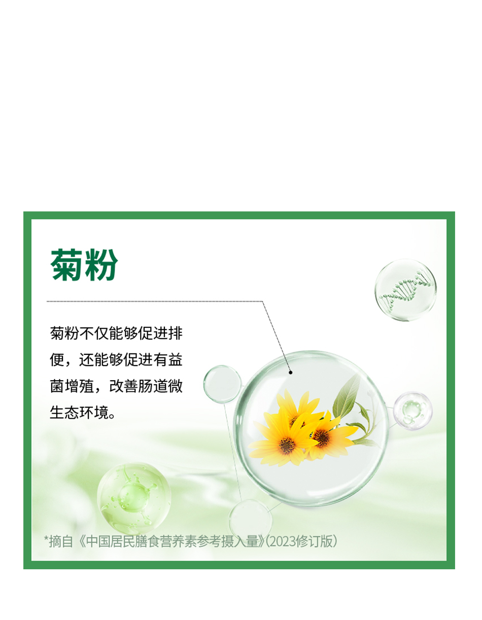 菊粉

菊粉不仅能够促进排便，还能够促进有益菌增殖，改善肠道微生态环境。

*摘自《中国居民膳食营养素参考摄入量》（2023修订版）