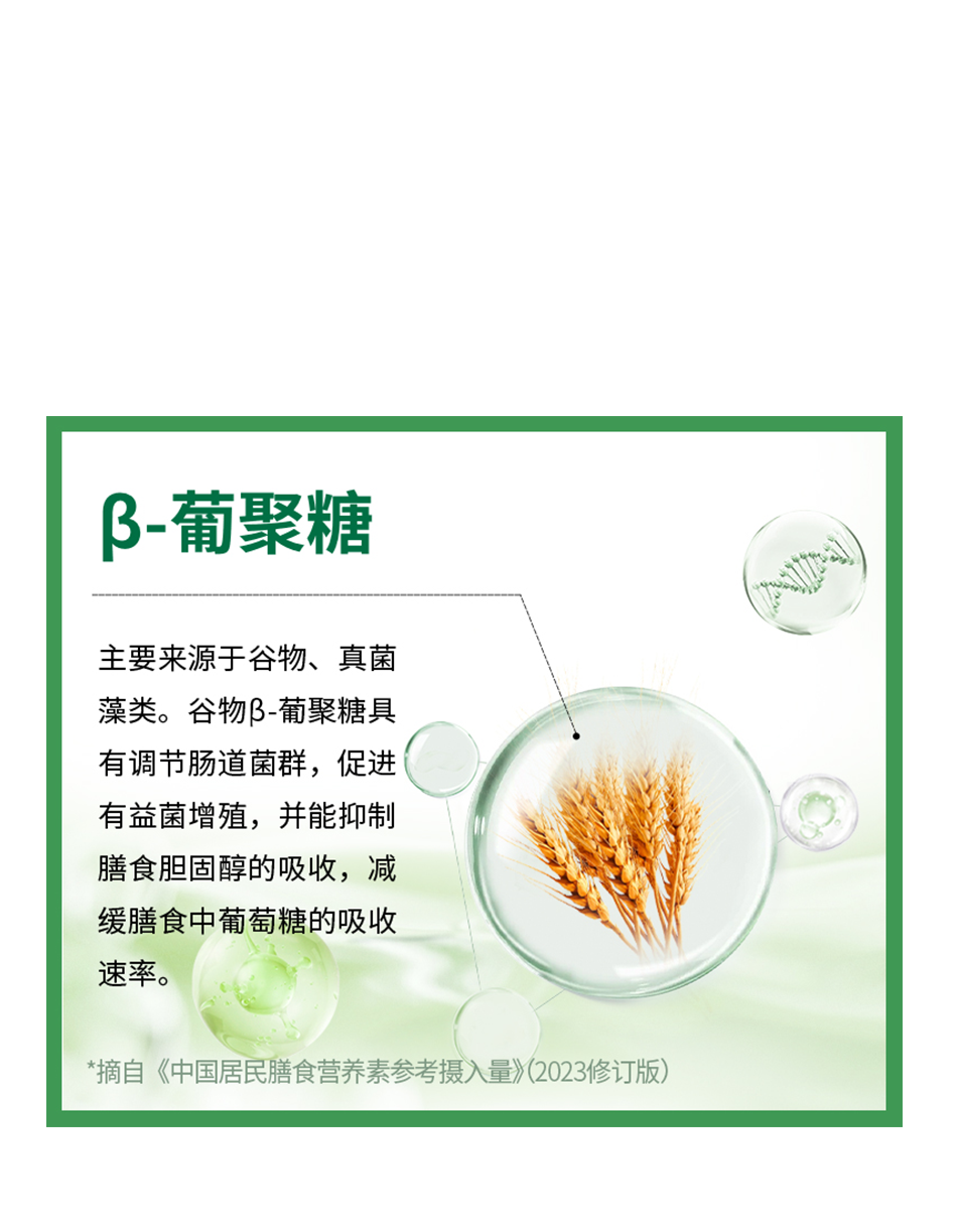 β-葡聚糖

主要来源于谷物、真菌藻类。谷物β-葡聚糖具有调节肠道菌群，促进有益菌增殖，并能抑制膳食胆固醇的吸收，减缓膳食中葡萄糖的吸收速率。

*摘自《中国居民膳食营养素参考摄入量》（2023修订版）