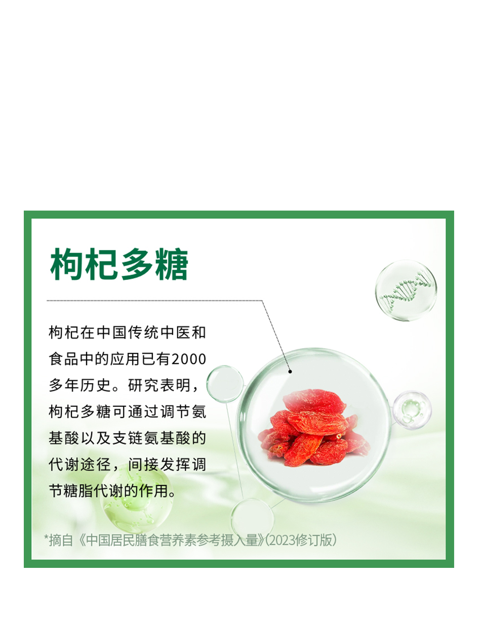 枸杞多糖

枸杞在中国传统中医和食品中的应用已有2000多年历史。研究表明，枸杞多糖可通过调节氨基酸以及支链氨基酸的代谢途径，间接发挥调节糖脂代谢的作用。

*摘自《中国居民膳食营养素参考摄入量》（2023修订版）
