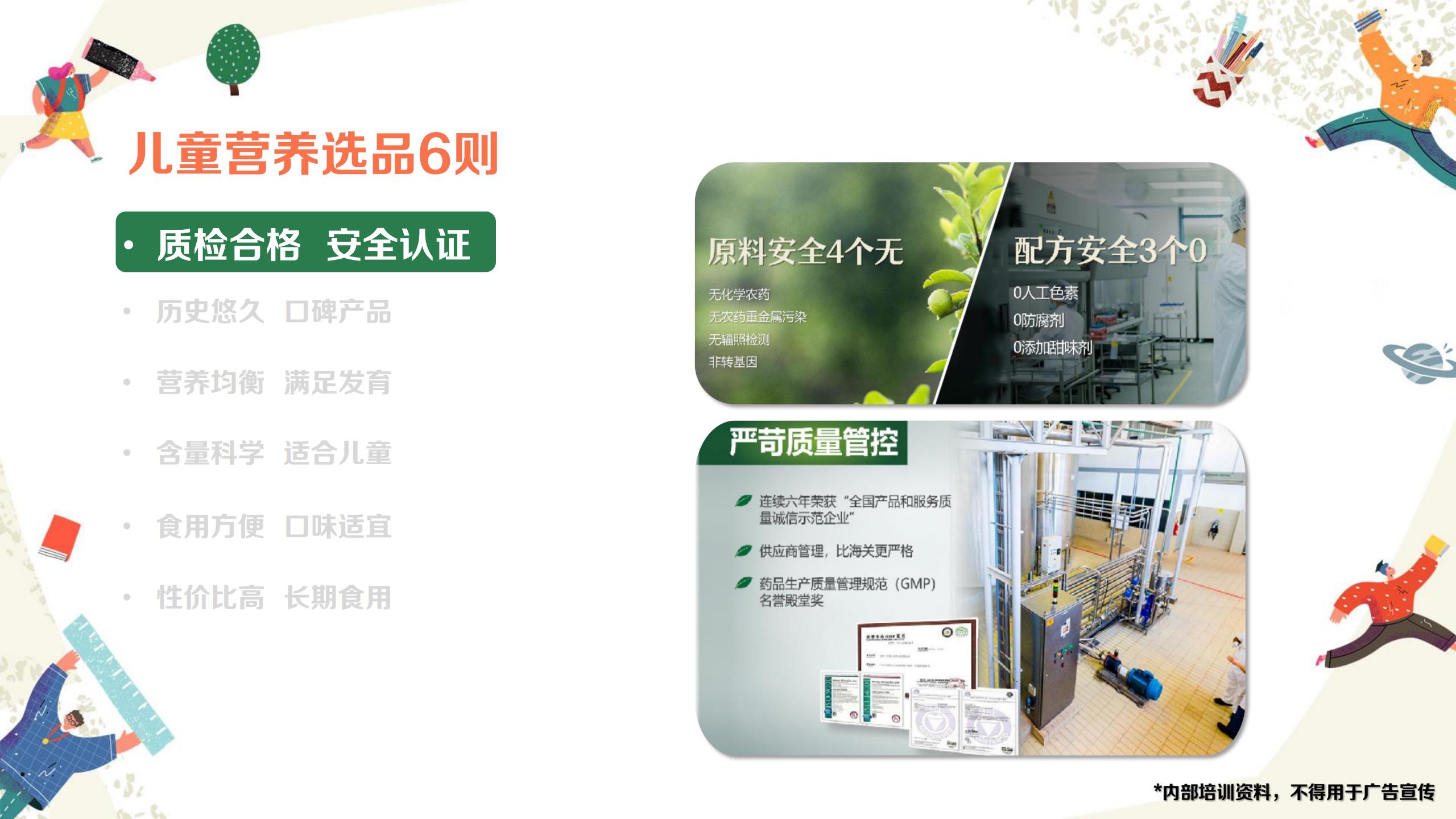 儿童营养选品6则

- 质检合格 安全认证
  - 历史悠久 口碑产品
  - 营养均衡 满足发育
  - 含量科学 适合儿童
  - 食用方便 口味适宜
  - 性价比高 长期食用

原料安全4个无
- 无化学农药
- 无农残重金属污染
- 无辐照检测
- 非转基因

配方安全3个0
- 0人工色素
- 0防腐剂
- 0添加甜味剂

严苛质量管控
- 连续六年荣获“全国产品和服务质量诚信示范企业”
- 供应商管理，比海关更严格
- 药品生产质量管理规范（GMP）名营殿堂奖