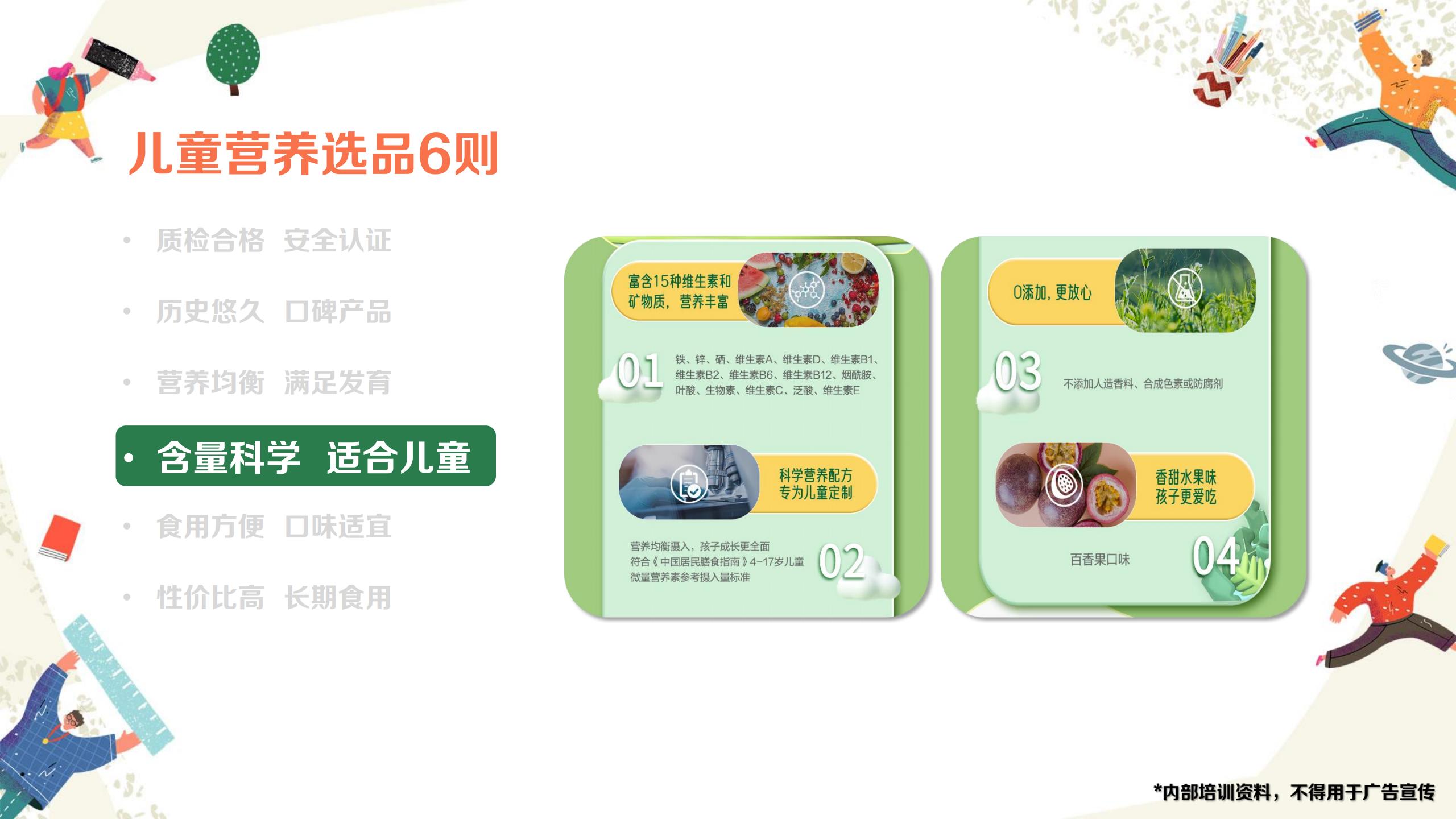 儿童营养选品6则

- 质检合格 安全认证
- 历史悠久 口碑产品
- 营养均衡 满足发育
- 含量科学 适合儿童
- 食用方便 口味适宜
- 性价比高 长期食用

01 富含15种维生素和矿物质，营养丰富
铁、锌、硒、维生素A、维生素D、维生素B1、维生素B2、维生素B6、维生素B12、烟酰胺、叶酸、生物素、维生素C、泛酸、维生素E

02 科学营养配方专为儿童定制
营养均衡摄入，孩子成长更全面
符合《中国居民膳食指南》4~17岁儿童微量营养素参考摄入量标准

03 O添加 更放心
不添加人造香料、合成色素或防腐剂

04 香甜水果味 孩子更爱吃
百香果口味