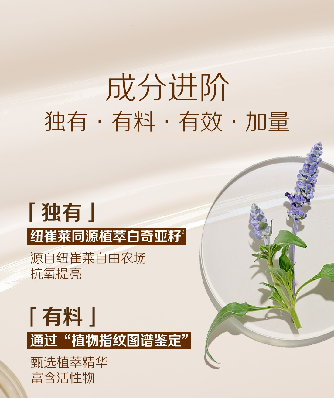 成分进阶独有·有料·有效·加量
「独有」纽崔莱同源植萃白奇亚籽 源自纽崔莱自由农场 抗氧提亮
「有料」通过“植物指纹图谱鉴定”
甄选植萃精华富含活性物