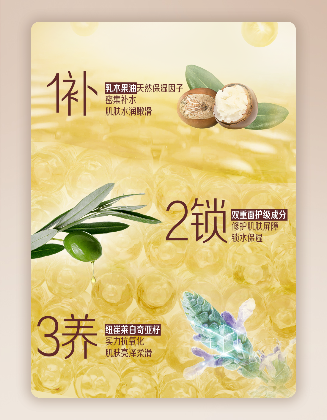 1补：乳木果油天然保湿因子 密集补水 肌肤水润嫩滑
2锁：双重面护级成分 修护肌肤屛障 锁水保湿
3养：纽崔莱白奇亚籽 实力抗氧化 肌肤亮泽柔滑
