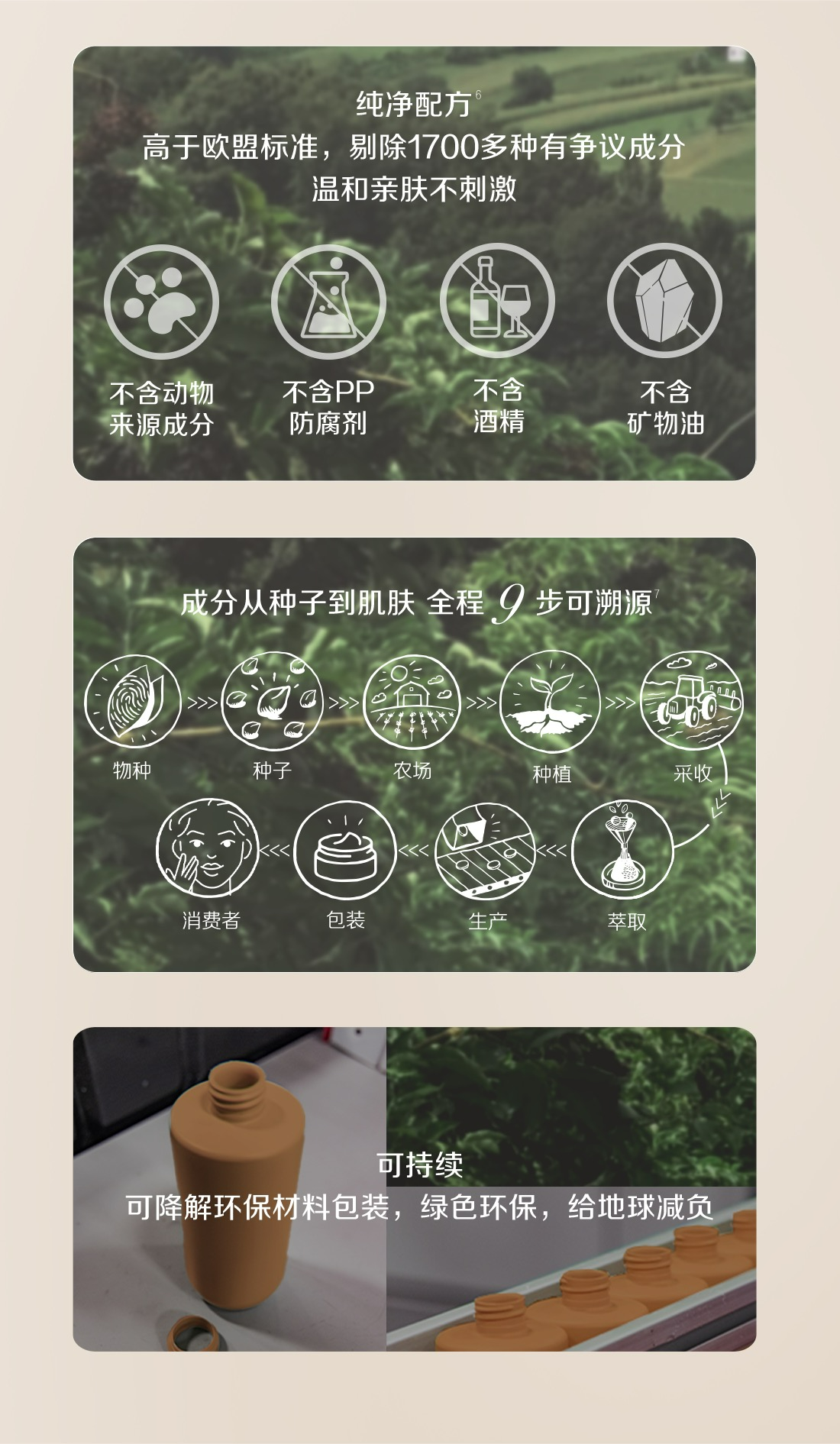 纯净配方 高于欧盟标准，剔除1700多种有争议成分，温和亲肤不刺激 不含动物来源成分 不含PP
防腐剂 不含酒精  不含矿物油
成分从种子到肌肤 全程9步可溯源
物种—种子—农场—种植—采收—萃取—生产—包装—消费者
可持续 可降解环保材料包装，绿色环保，给地球减负