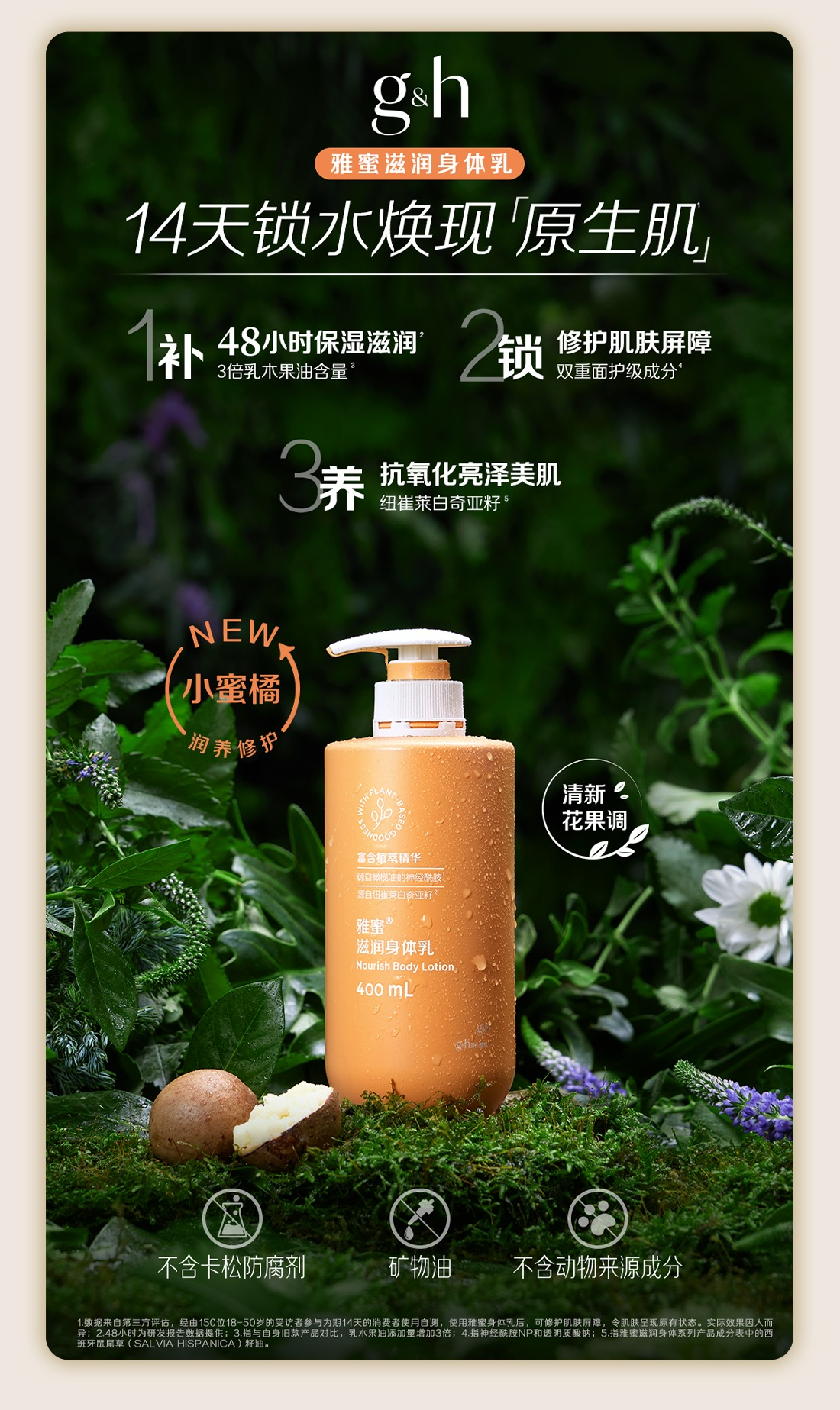 g&h
雅蜜滋润身体乳
14天锁水焕现「原生肌」¹
1补：48小时保湿滋润² 3倍乳木果油含量³
2锁：修护肌肤屏障 双重面护级成分⁴
3养：抗氧化亮泽美肌 纽崔莱白奇亚籽⁵
NEW 小蜜橘 润养修护
清新花果调
不含矿物油 不含卡松防腐剂 不含动物来源成分
注释1:数据来自第三方评估，由150位18-50岁的受访者参与为期14天的消费者使用自测，使用雅蜜身体乳后，可修护肌肤屏障，令肌肤呈现原有状态，实际效果因人而异；2.48小时为研发报告数据提供；3.指与自身旧款产品对比，乳木果油添加量增加3倍；4.指神经酰胺NP和透明质酸钠；5.指雅蜜滋润身体系列产品成分表中的西班牙鼠尾草（SALVIA HISPANICA）籽油；