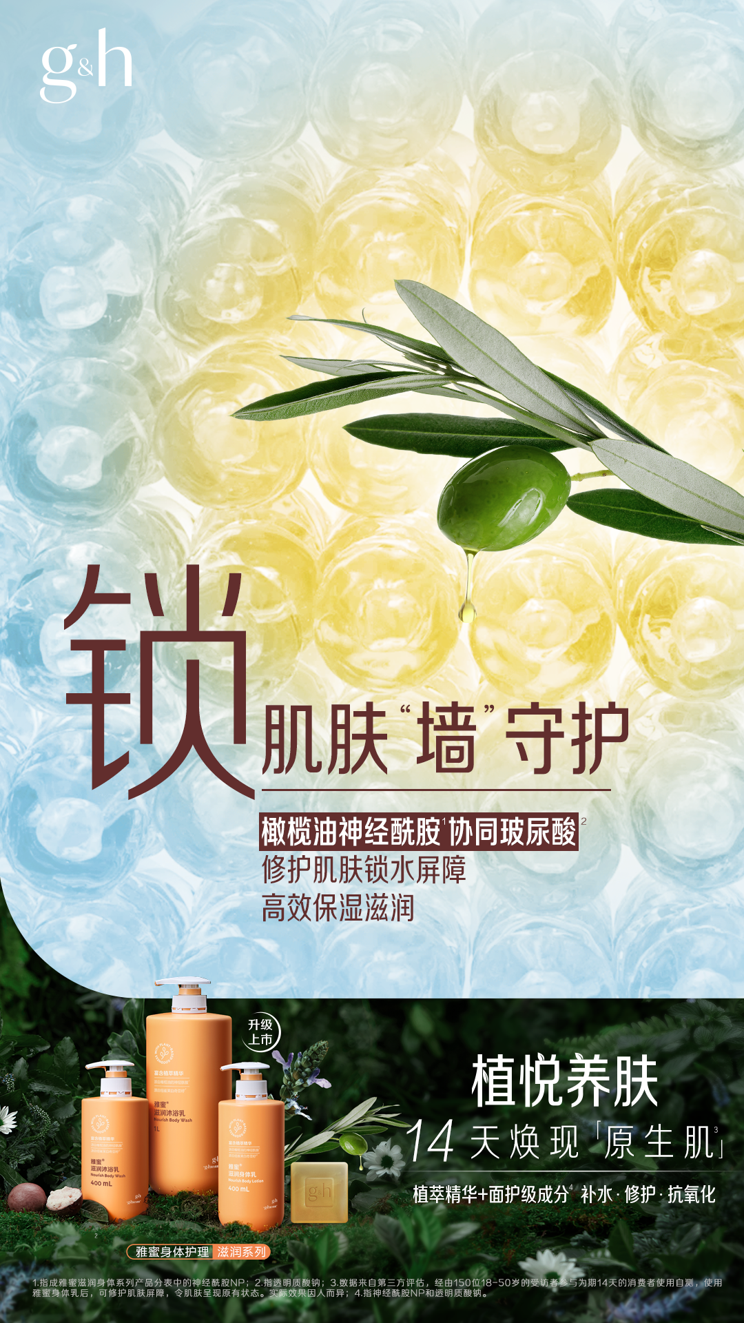 g&h
锁
肌肤“墙”守护
橄榄油神经酰胺协同玻尿酸
修护肌肤锁水屏障
高效保湿滋润
升级上市
植悦养肤
14天焕现「原生肌」
植萃精华+面护级成分 补水·修护·抗氧化
雅蜜身体护理滋润系列
数据来自第三方评估，经由150位18-50岁的受访者参与为期14天的消费者使用自测，使用雅蜜身体乳后，可修护肌肤屏障，令肌肤呈现原有状态。实际效果因人而异;2.指神经酰胺NP和透明质酸钠。