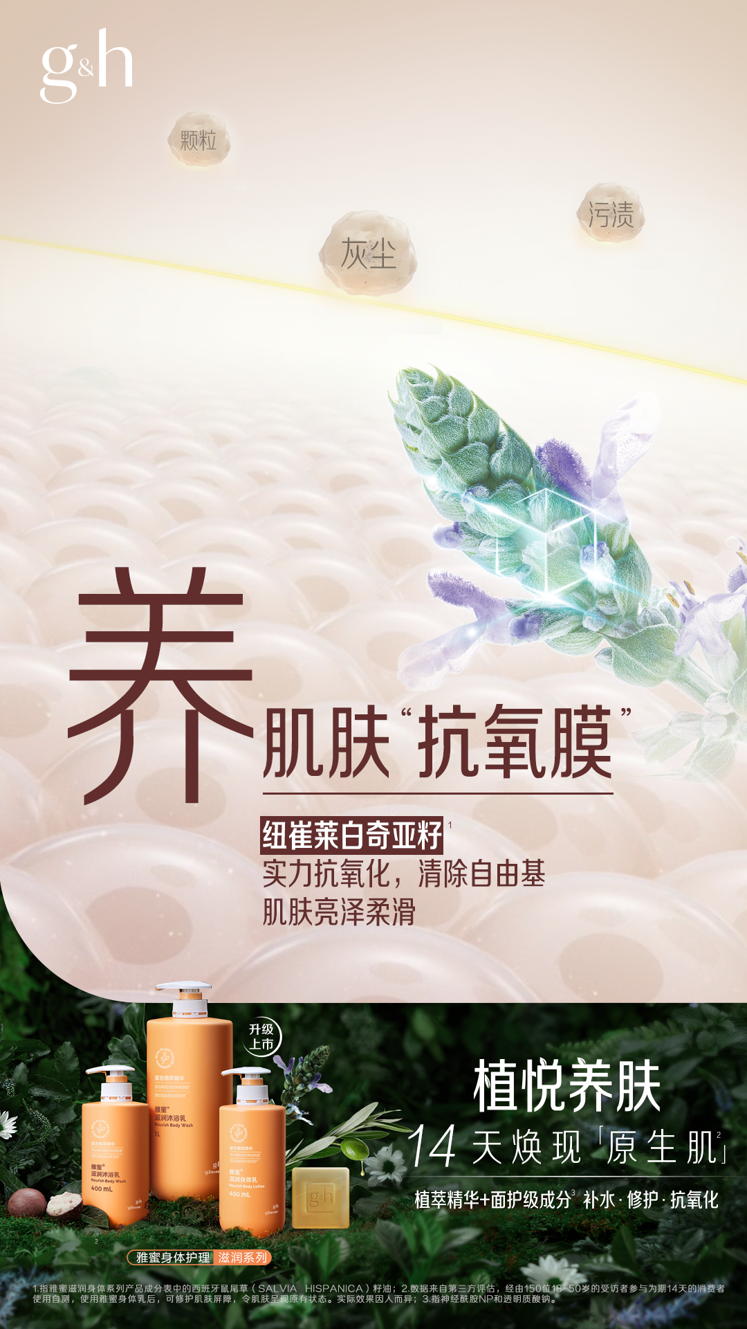 g&h
颗粒
灰尘
污渍
养
肌肤“抗氧膜”
纽崔莱白奇亚籽
实力抗氧化，清除自由基
肌肤亮泽柔滑
升级上市
植悦养肤
14天焕现「原生肌」
植萃精华+面护级成分 补水·修护·抗氧化
雅蜜身体护理滋润系列
数据来自第三方评估，经由150位18-50岁的受访者参与为期14天的消费者使用自测，使用雅蜜身体乳后，可修护肌肤屏障，令肌肤呈现原有状态。实际效果因人而异;2.指神经酰胺NP和透明质酸钠。