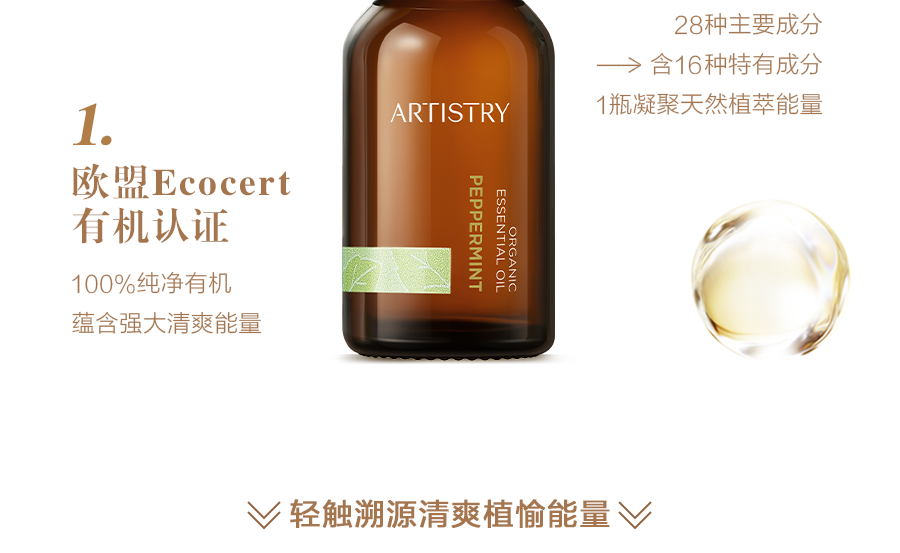 28种主要成分
 含16种特有成分
 1瓶凝聚天然植萃能量
 ARTISTRY
 PEPPERMINT
 ORGANIC ESSENTIAL OIL
 欧盟Ecocert有机认证
 100%纯净有机
 蕴含强大清爽能量
 轻触溯源清爽植愉能量