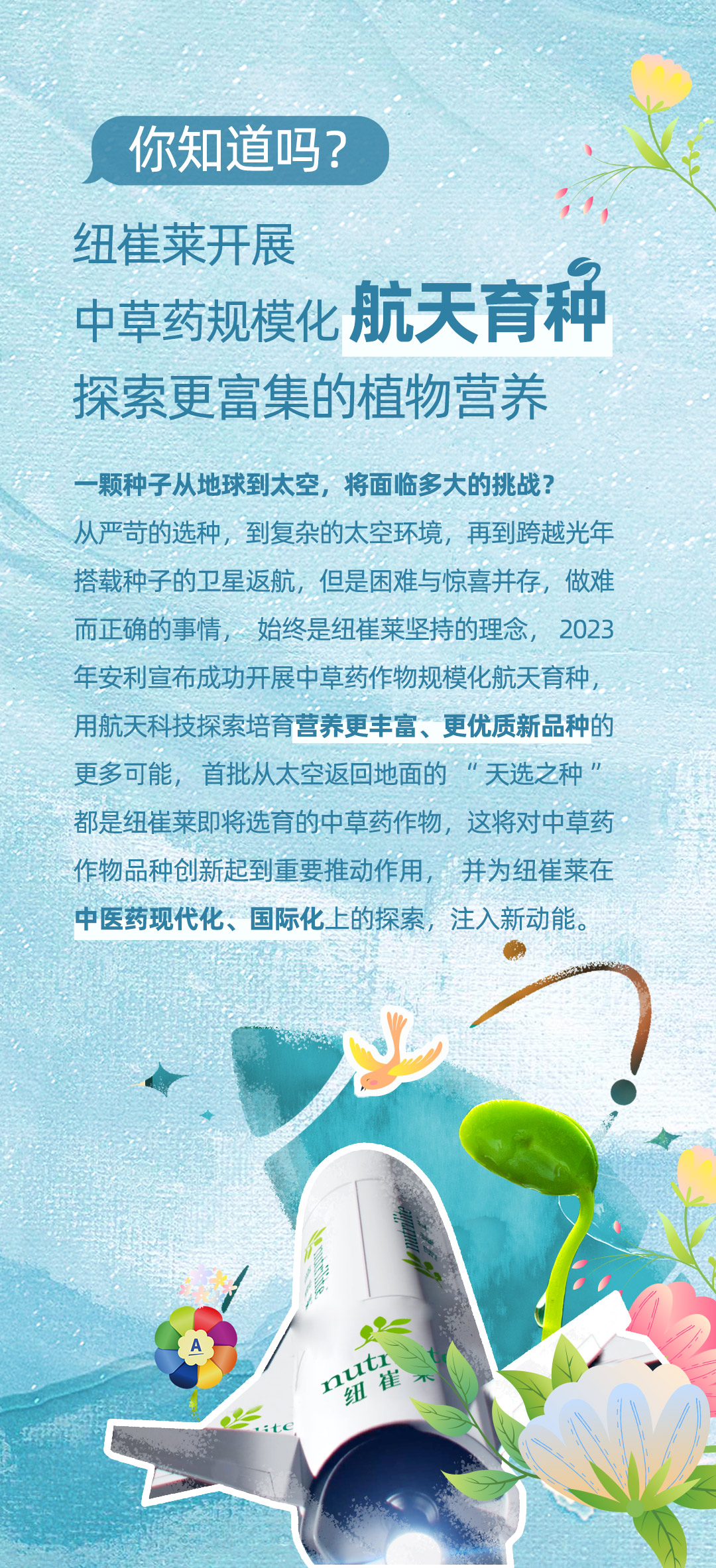 1、你知道吗？
2、纽崔莱开展中草药规模化航天育种，探索更富集的植物营养
3、一颗种子从地球到太空，将面临多大的挑战？从严苛的选种，到复杂的太空环境，再到跨越光年搭载种子的卫星返航，但是困难与惊喜并存，做难而正确的事情，始终是纽崔莱坚持的理念。2023年安利宣布成功开展中草药作物规模化航天育种，用航天科技探索培育营养更丰富、更优质新品种的更多可能。首批从太空返回地面的“天选之种”都是纽崔莱即将选育的中草药作物，这将对中草药作物品种创新起到重要推动作用，并为纽崔莱在中医药现代化、国际化上的探索，注入新动能。