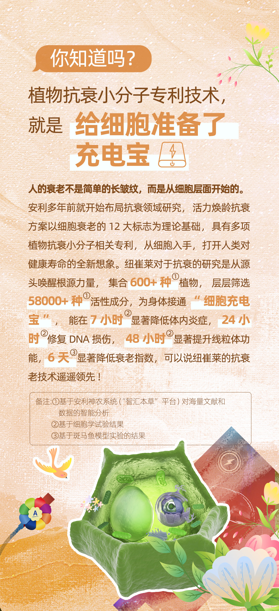 你知道吗？
 植物抗衰小分子专利技术，就是给细胞准备了充电宝
 人的衰老不是简单的长皱纹，而是从细胞层面开始的。
 安利多年前就开始布局抗衰领域研究，活力焕龄抗衰方案以细胞衰老的12大标志为理论基础，具有多项植物抗衰小分子相关专利，从细胞入手，打开人类对健康寿命的全新想象。纽崔莱对于抗衰的研究是从源头唤醒根源力量，集合600+种①植物，层层筛选58000+种①活性成分，为身体接通“细胞充电宝”，能在7小时②显著降低体内炎症，24小时②修复DNA损伤，48小时②显著提升线粒体功能，6天③显著降低衰老指数，可以说纽崔莱的抗衰老技术遥遥领先！
 备注：①基于安利神农系统（“智汇本草”平台）对海量文献和数据的智能分析
 ②基于细胞学试验结果
 ③基于斑马鱼模型实验的结果