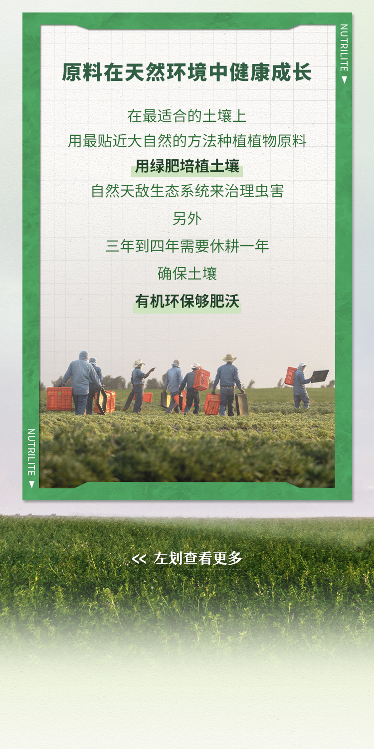 原料在天然环境中健康成长
 在最适合的土壤上
 用最贴近大自然的方法种植植物原料
 用绿肥培植土壤
 自然天敌生态系统来治理虫害
 另外
 三年到四年需要休耕一年
 确保土壤
 有机环保够肥沃
 << 左划查看更多