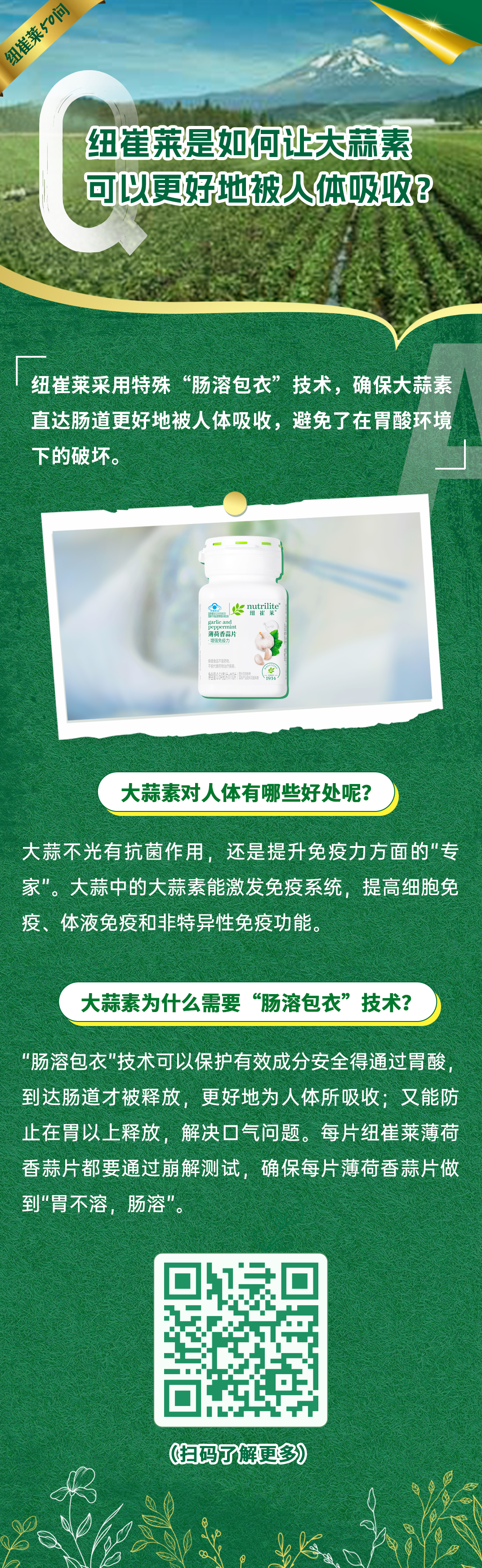 纽崔莱是如何让大蒜素可以更好地被人体吸收? 纽崔莱是如何让大蒜素可以更好地被人体吸收?
纽崔莱采用特殊“肠溶包衣”技术,确保大蒜素直达肠道更好地被人体吸收,避免了在胃酸环境下的破坏。
大蒜素对人体有哪些好处呢?
大蒜不光有抗菌作用,还是提升免疫力方面的“专家”。大蒜中的大蒜素能激发免疫系统,提高细胞免疫、体液免疫和非特异性免疫功能。
大蒜素为什么需要“肠溶包衣”技术?
“肠溶包衣”技术可以保护有效成分安全得通过胃酸,到达肠道才被释放,更好地为人体所吸收;又能防止在胃以上释放,解决口气问题。每片纽崔莱薄荷香蒜片都要通过崩解测试,确保每片薄荷香蒜片做到“胃不溶,肠溶”。