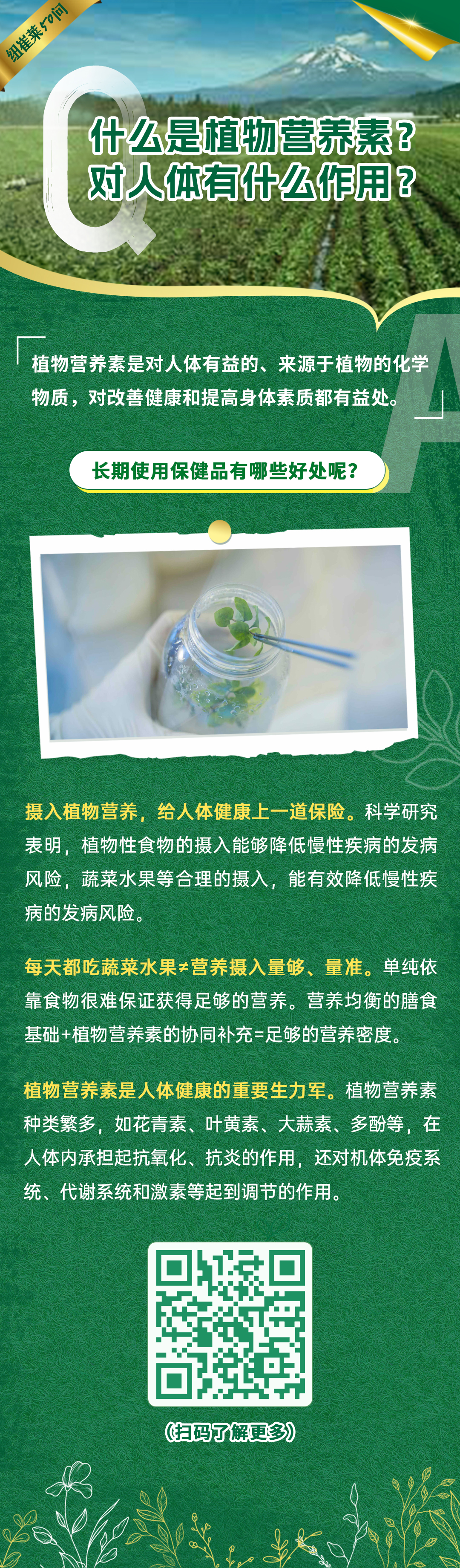 什么是植物营养素？对人体有什么作用？
植物营养素是对人体有益的、来源于植物的化学物质，对改善健康和提高身体素质都有益处。
长期使用保健品有哪些好处呢？
摄入植物营养，给人体健康上一道保险。科学研究表明，植物性食物的摄入能够降低慢性疾病的发病风险，蔬菜水果等合理的摄入，能有效降低慢性疾病的发病风险。
每天都吃蔬菜水果≠营养摄入量够、量准。单纯依靠食物很难保证获得足够的营养。营养均衡的膳食基础+植物营养素的协同补充=足够的营养密度。
植物营养素是人体健康的重要生力军。植物营养素种类繁多，如花青素、叶黄素、大蒜素、多酚等，在人体内承担起抗氧化、抗炎的作用，还对机体免疫系统、代谢系统和激素等起到调节的作用。