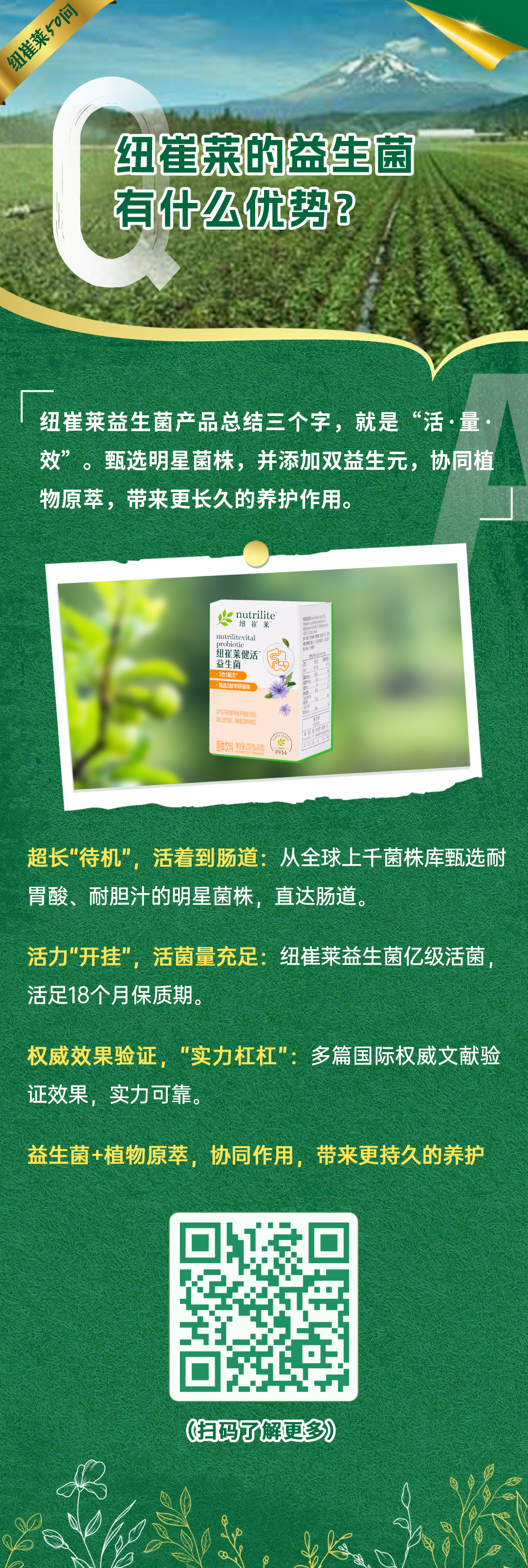 纽崔莱的益生菌有什么优势? 纽崔莱50问
纽崔莱的益生菌有什么优势?
纽崔莱益生菌产品总结三个字,就是“活·量·效”。甄选明星菌株,并添加双益生元,协同植物原萃,带来更长久的养护作用。
纽崔莱健活益生菌
超长“待机”,活着到肠道:从全球上千菌株库甄选耐胃酸、耐胆汁的明星菌株,直达肠道。
活力“开挂”,活菌量充足:纽崔莱益生菌亿级活菌,活足18个月保质期。
权威效果验证,“实力杠杠”:多篇国际权威文献验证效果,实力可靠。
益生菌+植物原萃,协同作用,带来更持久的养护
(扫码了解更多)