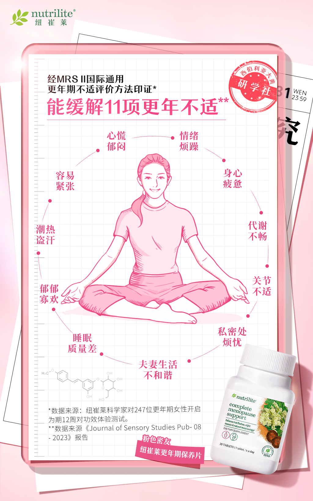 nutrilite

经MRS II国际通用
更年期不适评价方法印证*

能缓解11项更年不适**

心慌
郁闷
情绪
烦躁
身心
疲惫
容易
紧张
代谢
不畅
潮热
盗汗
关节
不适
郁郁
寡欢
私密处
烦忧
睡眠
质量差
夫妻生活
不和谐

*数据来源：纽崔莱科学家对247位更年期女性开启为期12周对功效体验测试。
**数据来源《Journal of Sensory Studies Pub- 08 - 2023》报告

粉色蜜友
纽崔莱更年期保养片