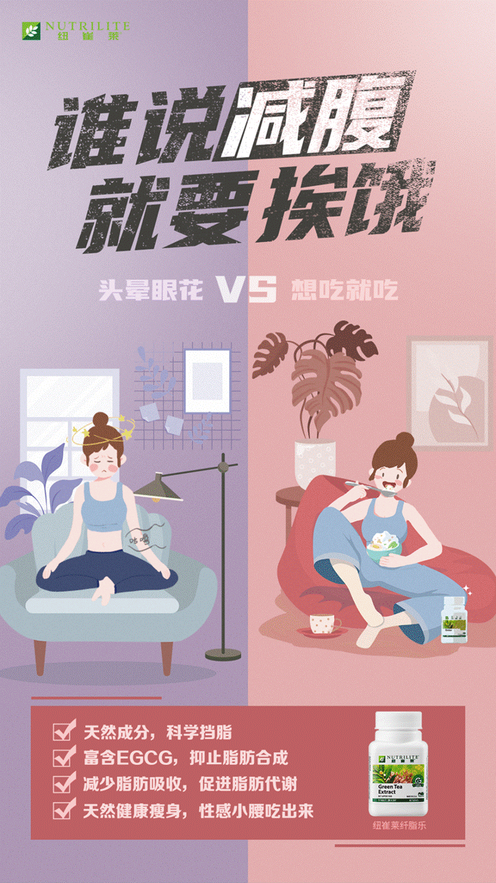 谁说减腹
就要挨饿
头晕眼花VS
想吃就吃
天然成分，科学挡脂
富含EGCG，抑止脂肪合成
减少脂肪吸收，促进脂肪代谢
天然健康瘦身，性感小腰吃出来
纽崔莱纤脂乐