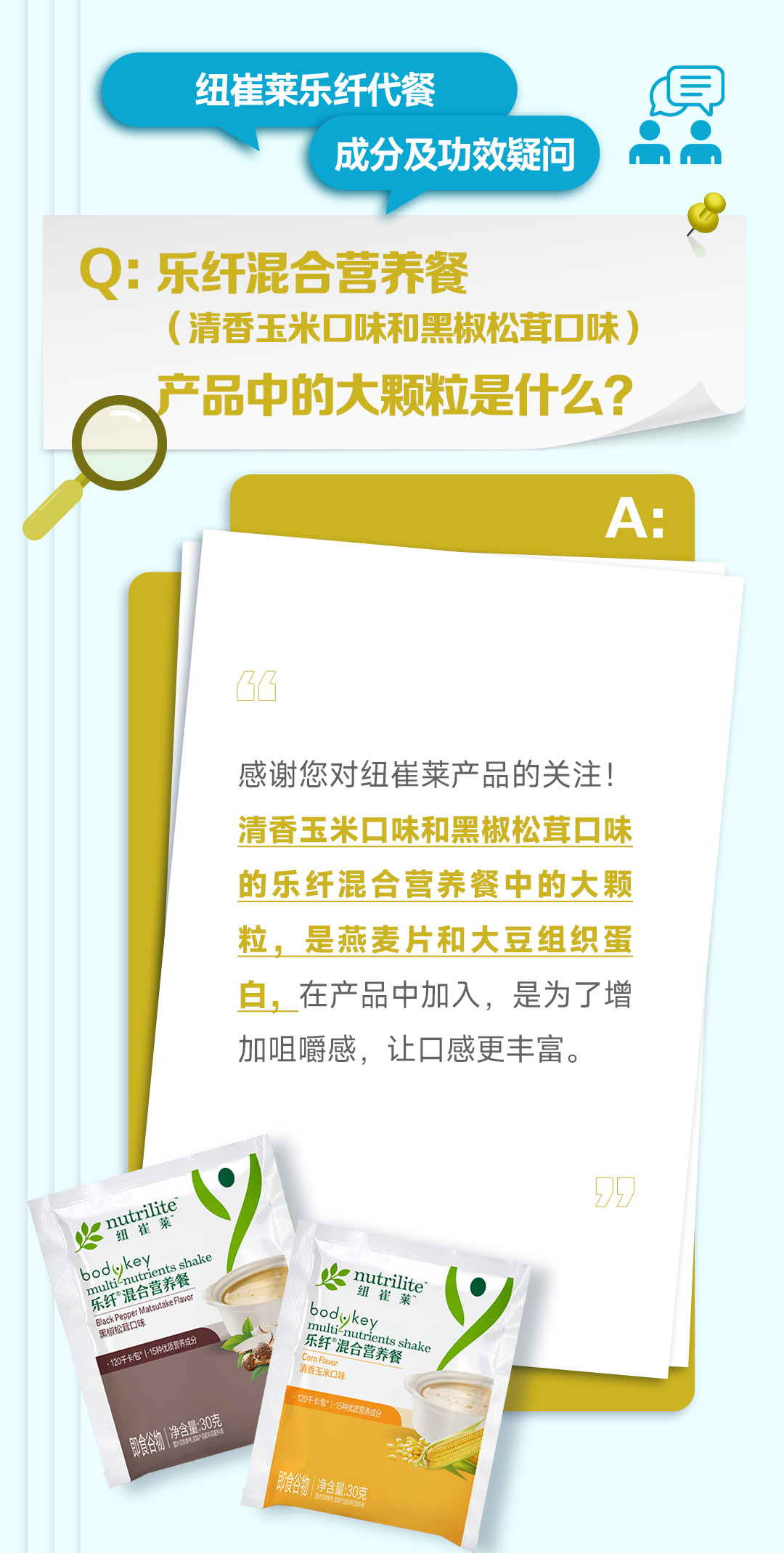 纽崔莱乐纤代餐
成分及功效疑问

Q: 乐纤混合营养餐
（清香玉米口味和黑椒松茸口味）
产品中的大颗粒是什么？

A:
感谢您对纽崔莱产品的关注！
清香玉米口味和黑椒松茸口味的乐纤混合营养餐中的大颗粒，是燕麦片和大豆组织蛋白，在产品中加入，是为了增加咀嚼感，让口感更丰富。