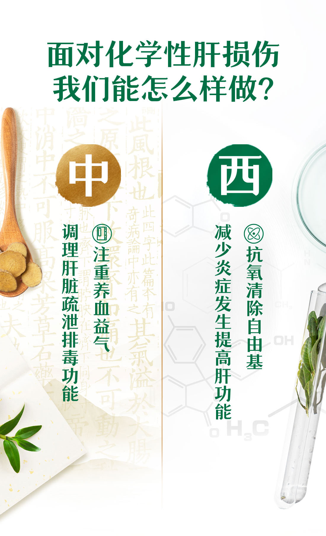 面对化学性肝损伤我们能怎么样做？
 中
 调理肝脏疏泄排毒功能
 注重养血益气
 西
 减少炎症发生提高肝功能
 抗氧清除自由基