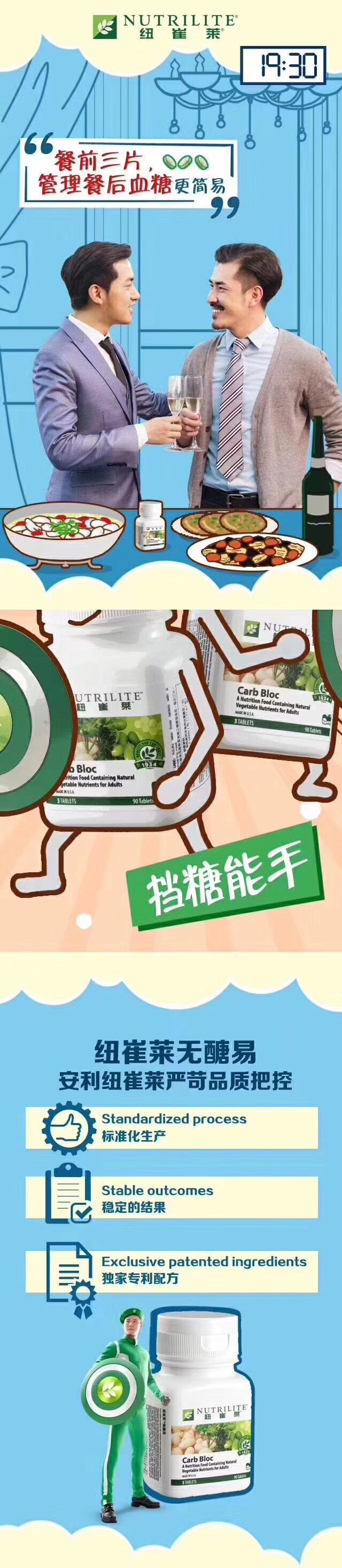 NUTRILITE 纽崔莱
 19:30
 “餐前三片，管理餐后血糖更简易”
 Carb Bloc
 挡糖能手
 纽崔莱无醣易 安利纽崔莱严苛品质把控
 Standardized process 标准化生产
 Stable outcomes 稳定的结果
 Exclusive patented ingredients 独家专利配方