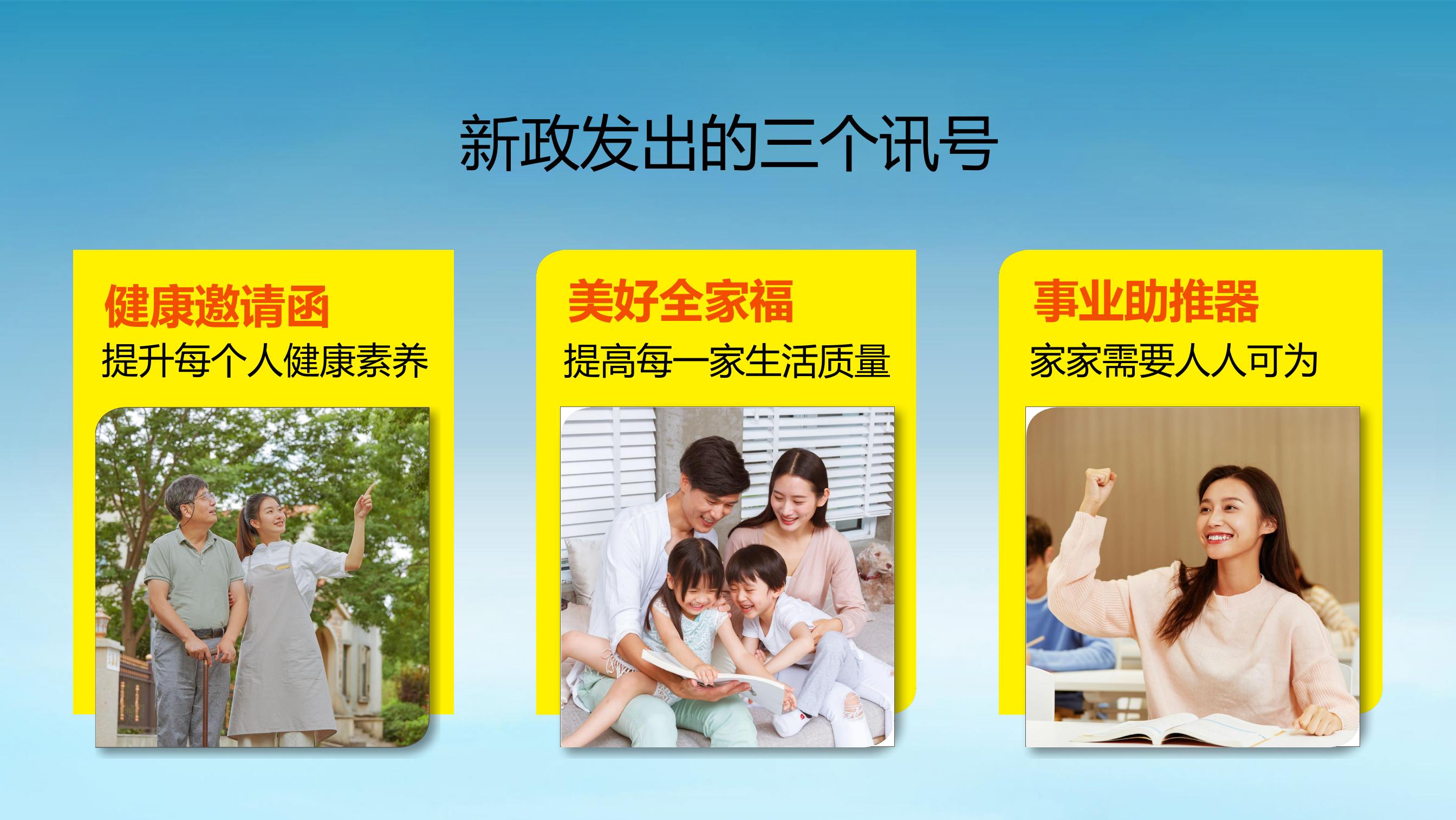 新政发出的三个讯号
 健康邀请函 提升每个人健康素养
 美好全家福 提高每一家生活质量
 事业助推器 家家需要人人可为