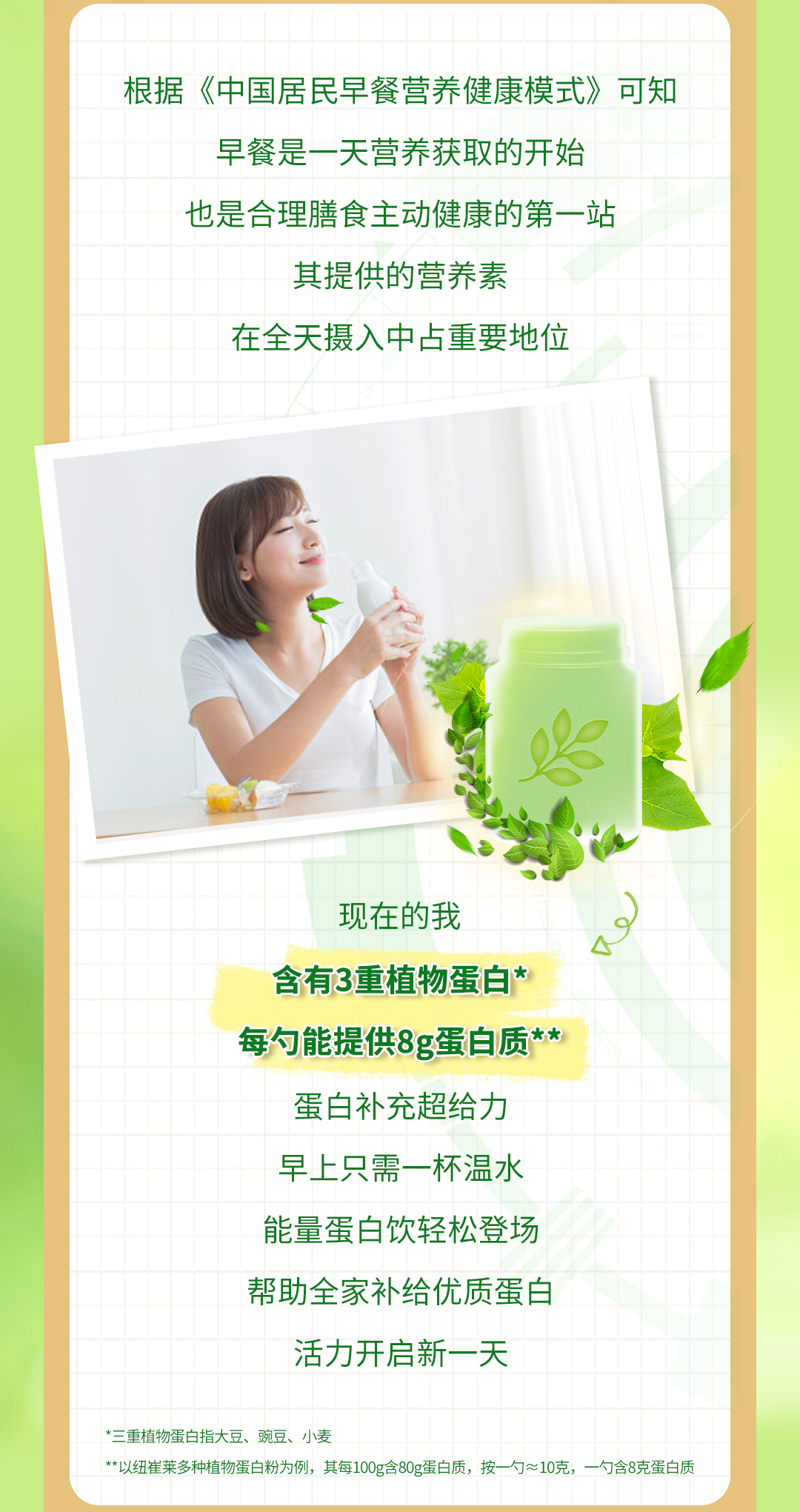 根据《中国居民早餐营养健康模式》可知

早餐是一天营养获取的开始
也是合理膳食主动健康的第一站
其提供的营养素
在全天摄入中占重要地位

现在的我
含有3重植物蛋白*
每勺能提供8g蛋白质**
蛋白补充超给力
早上只需一杯温水
能量蛋白饮轻松登场
帮助全家补给优质蛋白
活力开启新一天

*三重植物蛋白指大豆、豌豆、小麦
**以纽崔莱多种植物蛋白粉为例，其每100g含80g蛋白质，按一勺≈10克，一勺含8克蛋白质