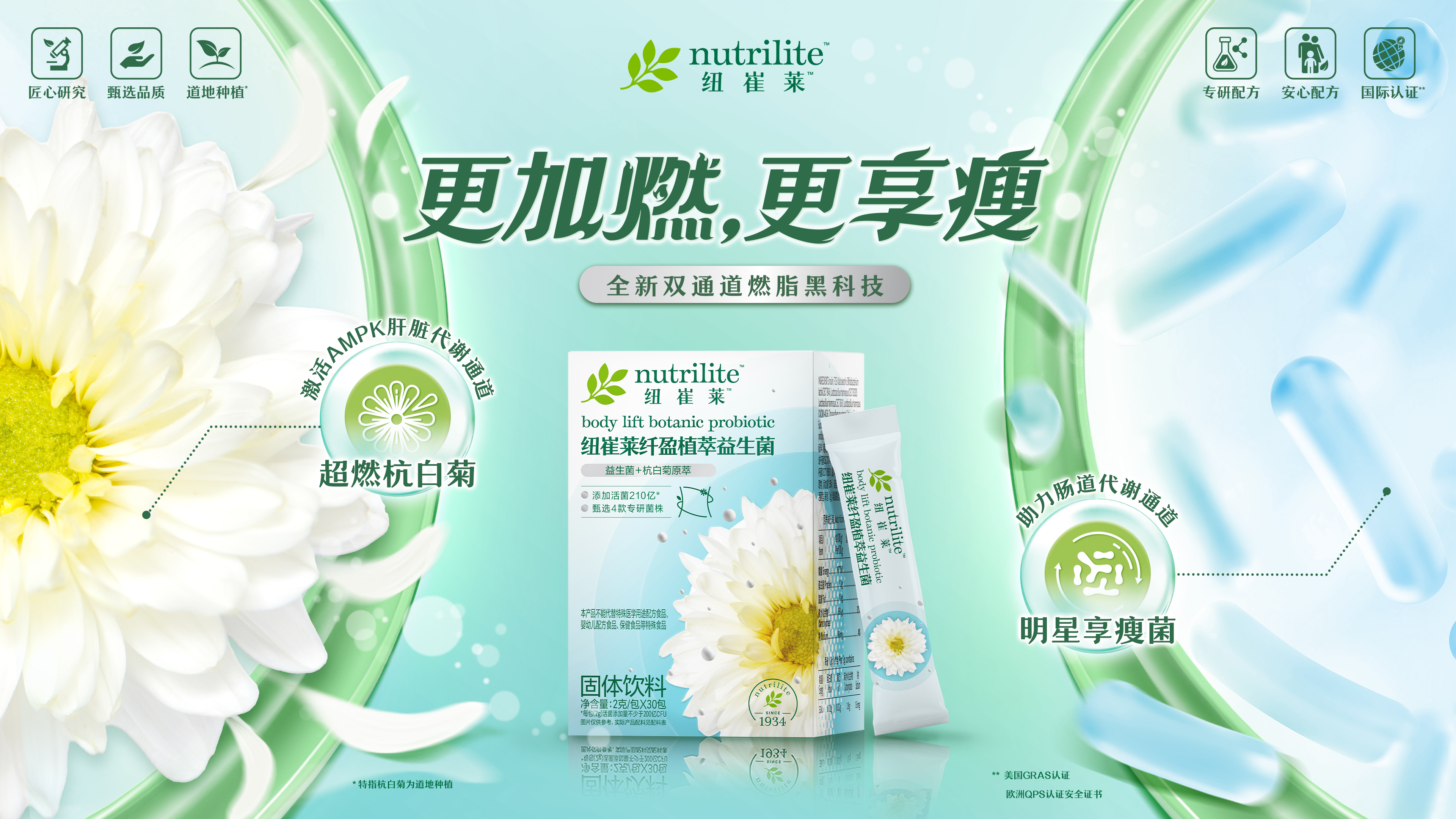 nutrilite 纽崔莱
 更加燃，更享瘦
 全新双通道燃脂黑科技
 nutrilite 纽崔莱 body lift botanic probiotic 纽崔莱纤盈植萃益生菌
益生菌+杭白菊原萃
添加活菌210亿*
甄选4款专研菌株
本产品不能代替特珠医学用途、配方食品婴幼儿配方食品、保健食品等特殊食品
固体饮料
净含量:2克/包X30包“每包（2g）活菌添加量不少于200亿CFU，图片仅共参考，实际产品配料见配料表
 超燃杭白菊，激活AMPK肝脏代谢通道
 明星享瘦菌，助力肠道代谢通道