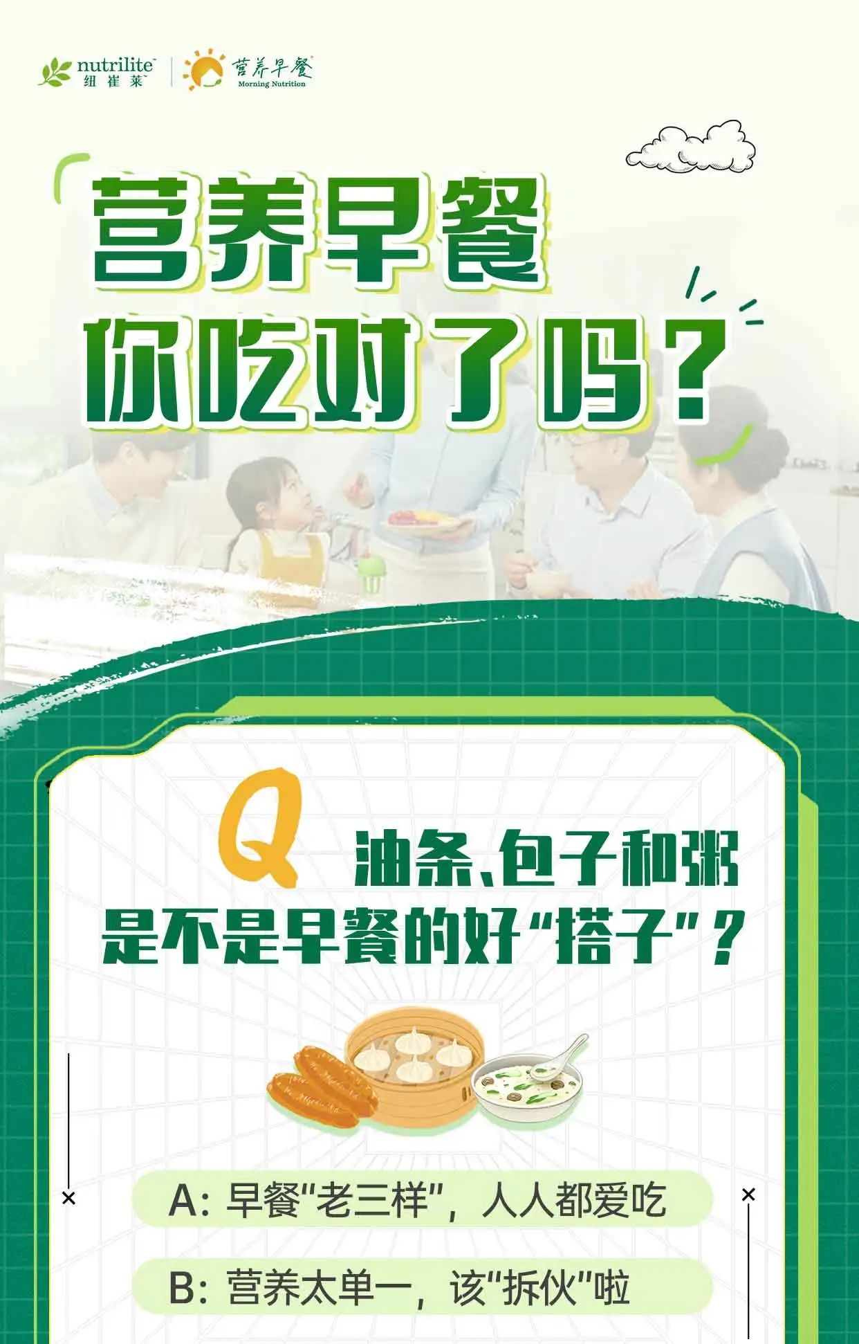 你吃的早餐合格吗? nutrilite
营养早餐
你吃对了吗?
Q 油条、包子和粥是不是早餐的好“搭子”?
A: 早餐“老三样”,人人都爱吃
B: 营养太单一,该“拆伙”啦